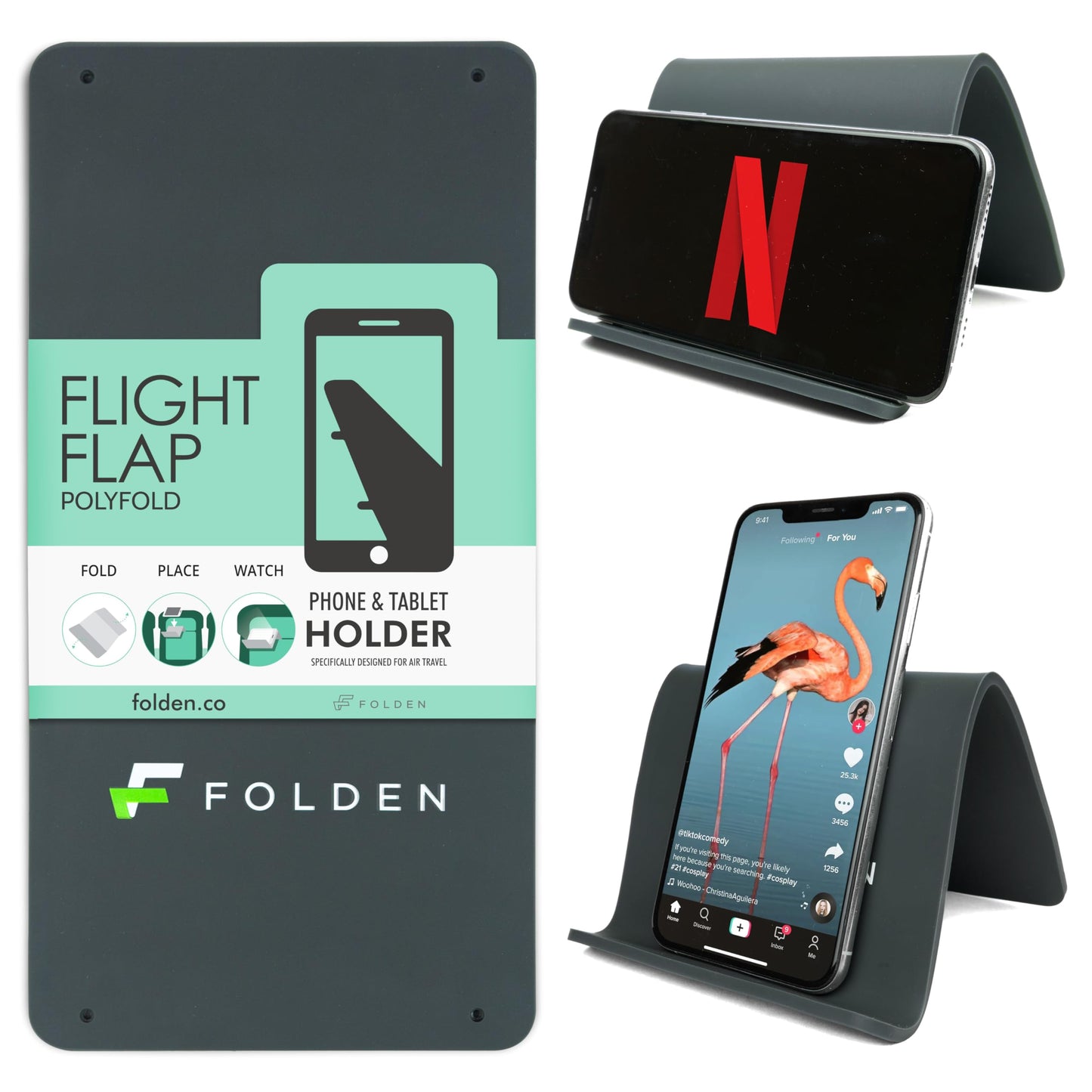 Airplane Phone Holder - Foldable Phone Stand for Plane Travel | Aluminum Build, 9 x 4.3 in. Matte Black Finish, Tabletop Mount Desk, Plane Tray Seat back, Treadmill, Fits iPhone Cell Phone