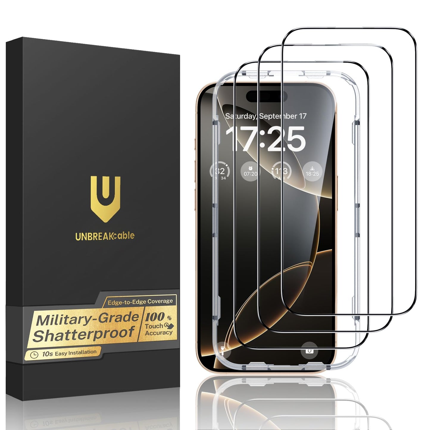 UNBREAKcable for iPhone 16 Screen Protector, 3-Pack Full Coverage Tempered Glass [Military Grade Shatterproof] [9H Hardness] [Easy Installation Frame] [Bubble Free] for iPhone 16 6.1"