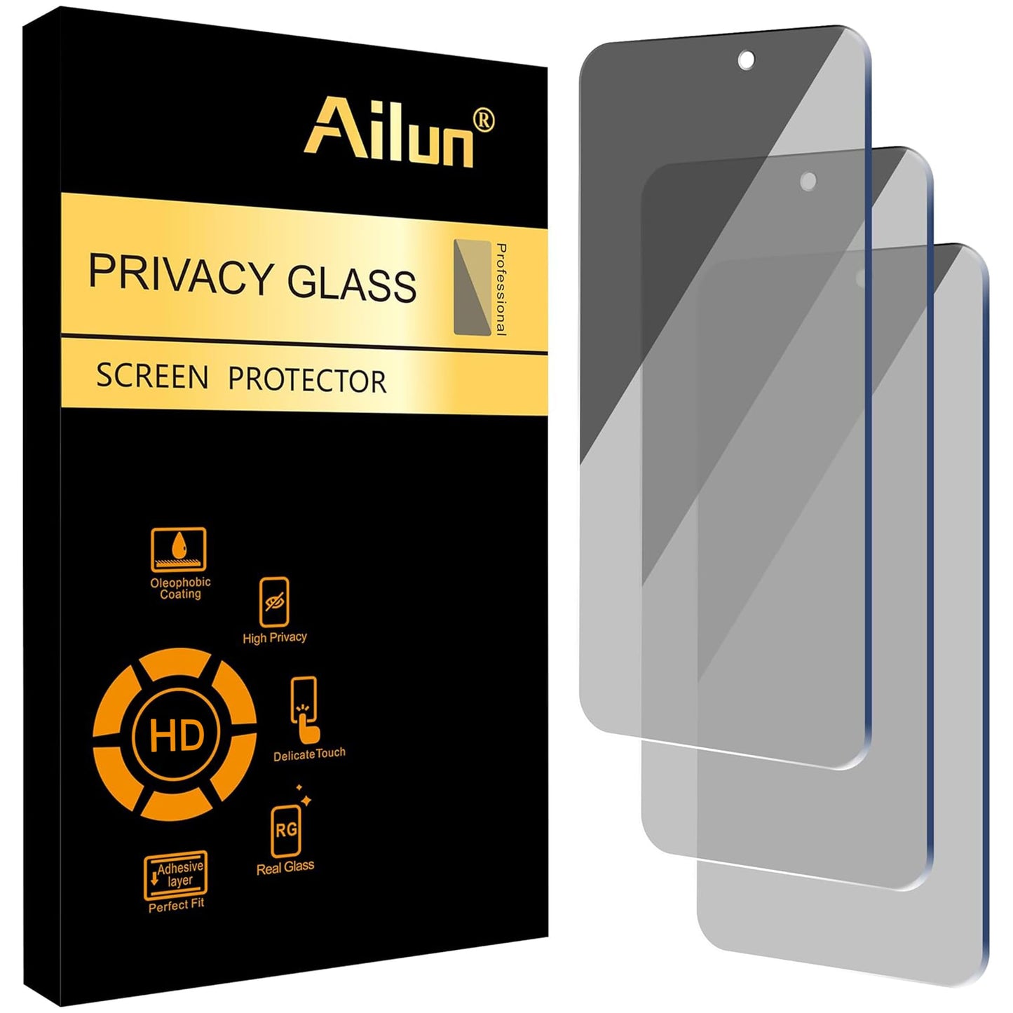 Ailun Privacy Screen Protector for iPhone 16 Plus / 15 Plus / 15 Pro Max | 3 Pack, 6.7 Inch,Tempered Glass, Anti Spy, Private