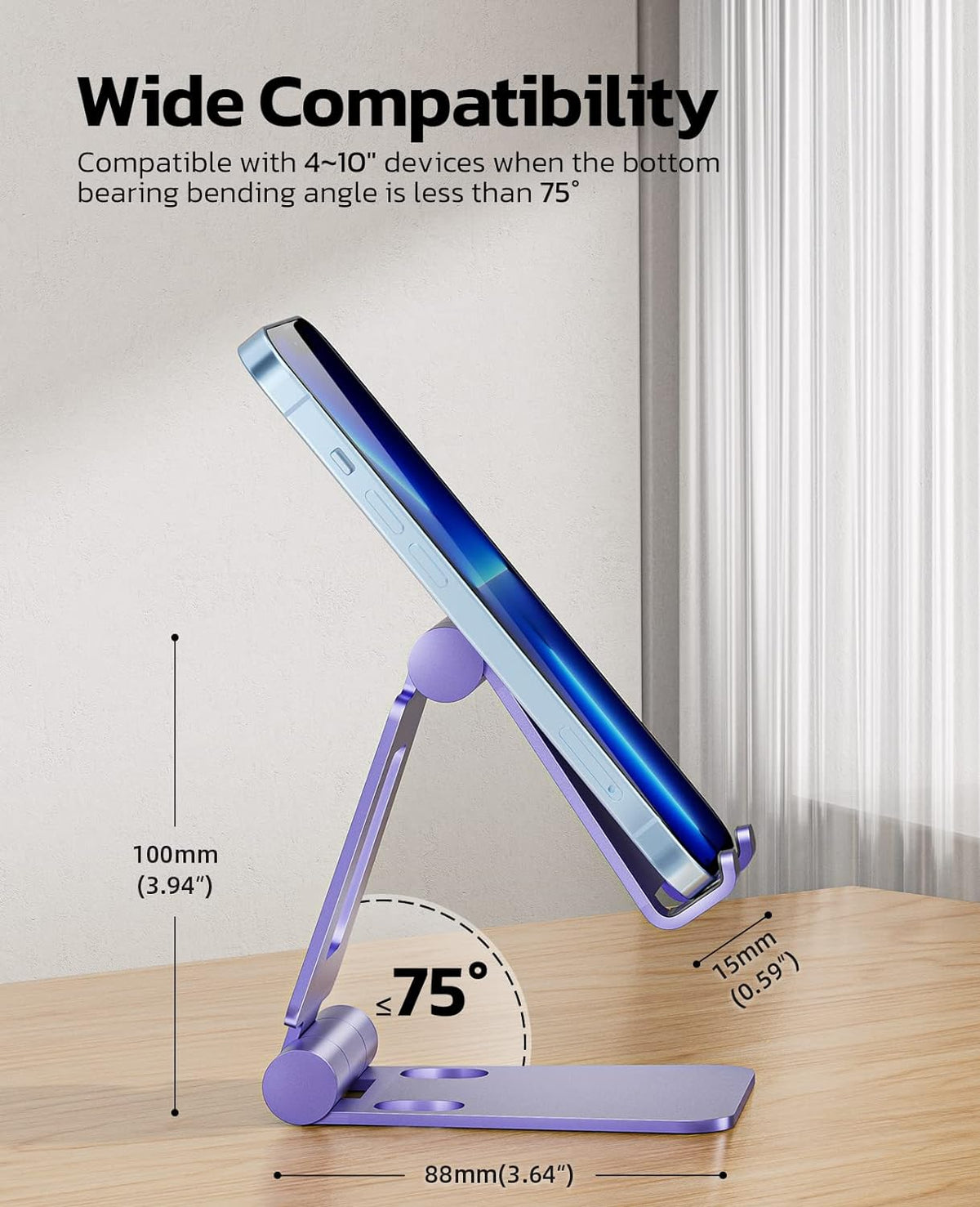 Nulaxy Full Aluminum Dual Folding Cell Phone Stand for Desk, Purple | Height Angle Adjustable, Portable, Anti-Slip Base, Fits 18mm Thick Case Smartphone, Nintendo Switch Desk Essential Accessory