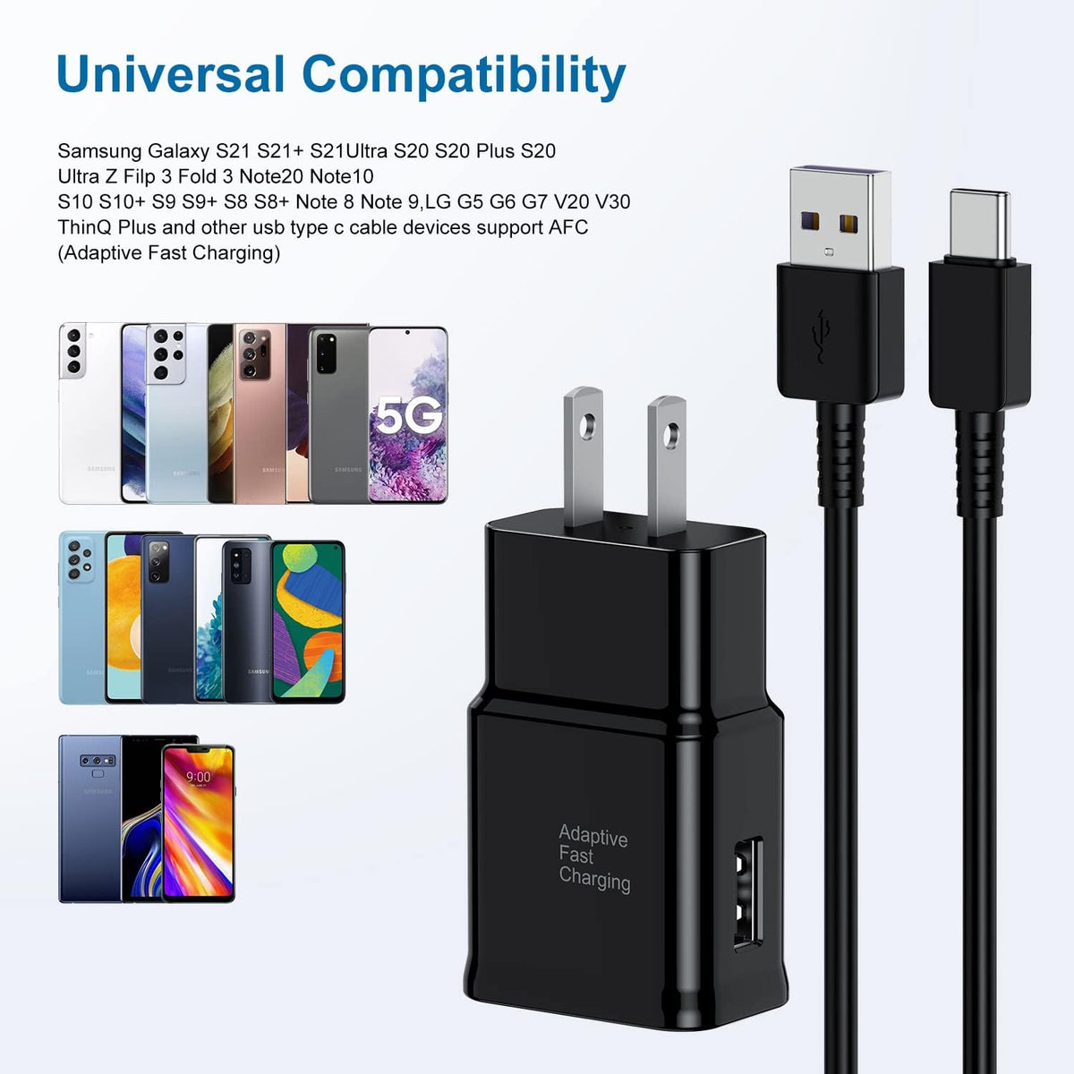 Type C Charger Fast Charging, 2 Pack USB C Android Phone Charger&6ft Cables | Wall Charger Blocks & 2x 6ft USB-C cables for Samsung Galaxy S8/S9/S10 Plus/S10e/S20/S21 Ultra/Plus, Note 8/9/10, Pixel 3