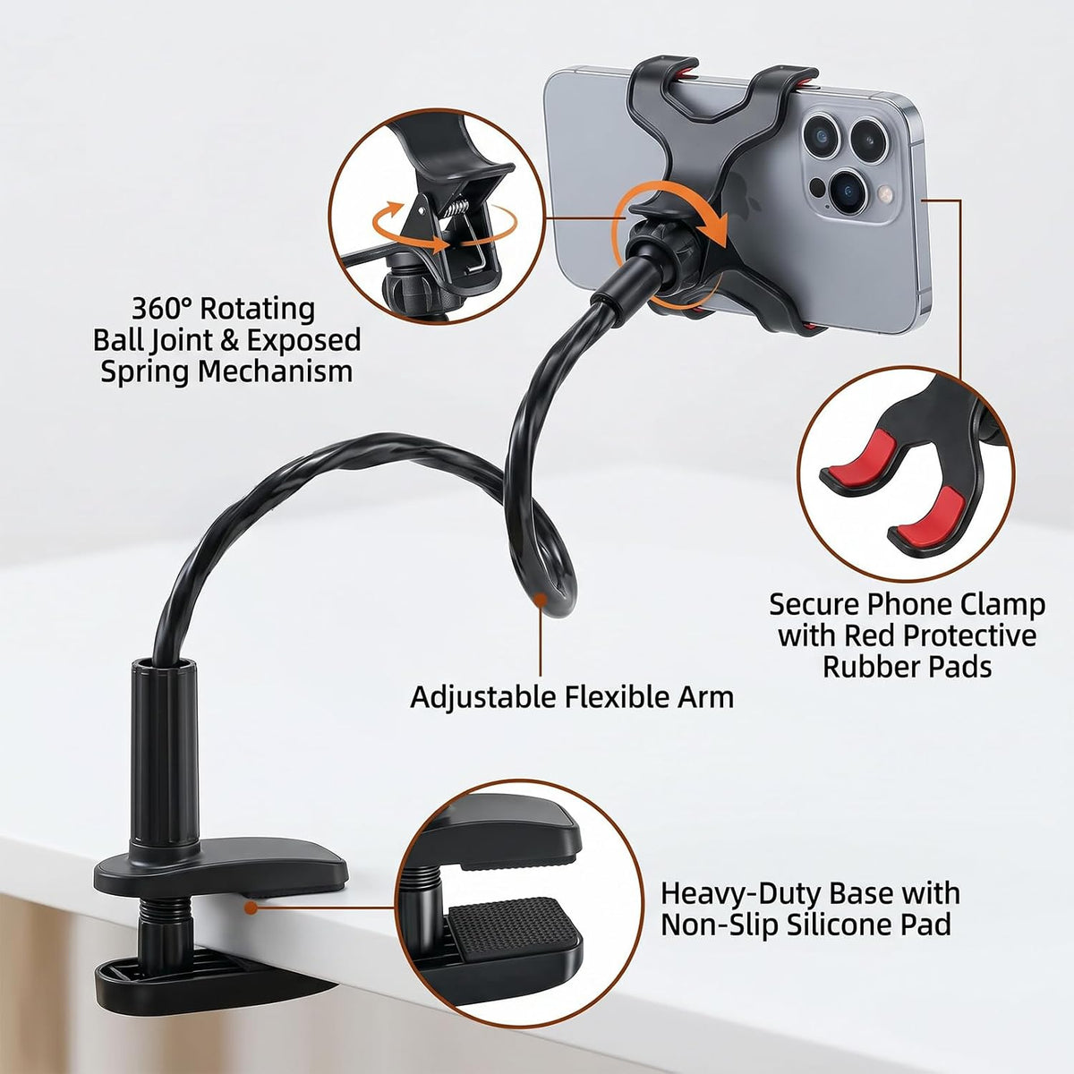 Cell Phone Stand Universal Lazy Bracket Adjustable Gooseneck Phone Holder 360 Degree Rotation Flexible Long Arm Cellphone Stand Clamp Mount for Desk Bed Holder for Most Cellphone,Black