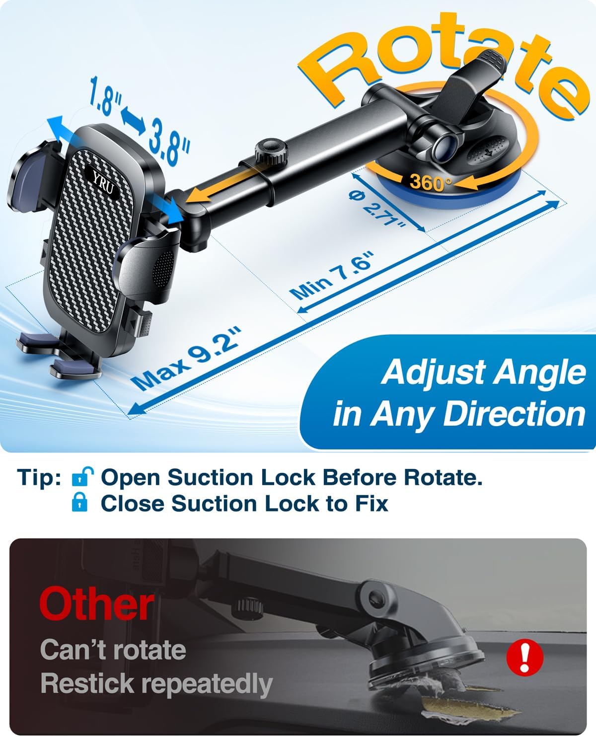 YRU True Military-Grade [360° Rotation Suction] 2026 Ultimate Car Phone Holder Mount【90+LBS Safest Strongest & Patent Certs】 Dash Windshield for iPhone 17 16 Pro Max Speakerphones, Gloss Black