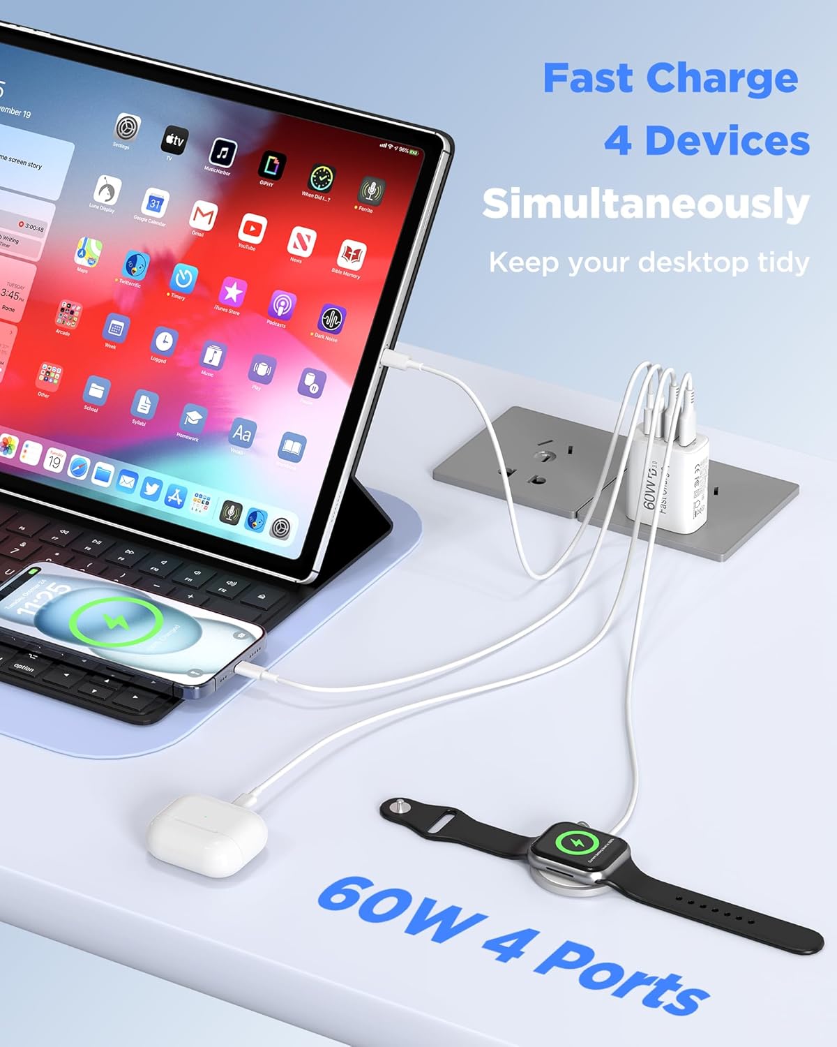 60W USB C Charger,2Pack 10FT iPhone 17 Pro Max Charger Fast Charging,4Port USB-A USBC Charger Block with 10ft USB C Cable Cord for Apple iPhone 17 Pro Max/17 Air/16 Pro Max/15 Plus/16/iPad,AirPods