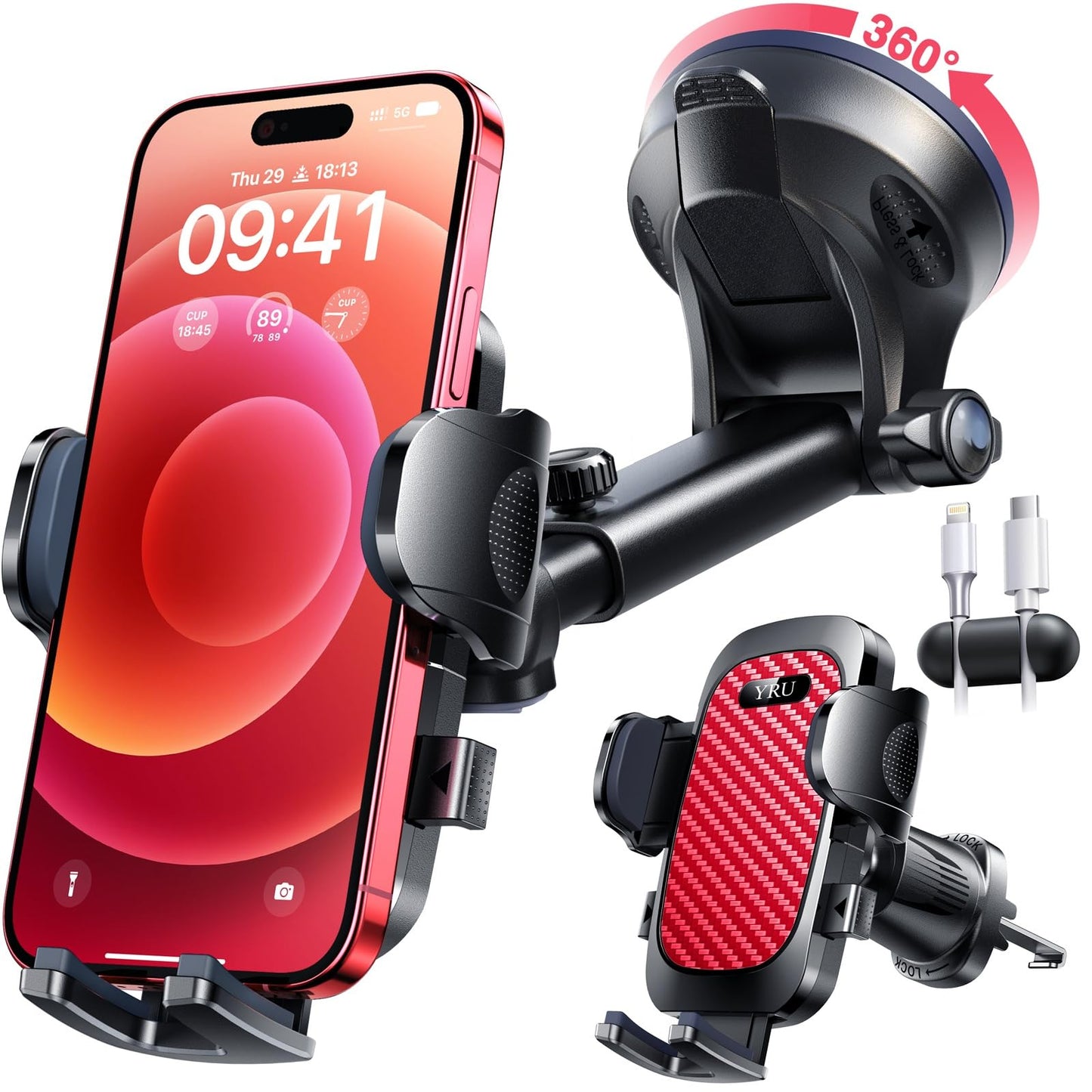 YRU True Military-Grade [360° Rotation Suction] 2026 Ultimate Car Phone Holder Mount【90+LBS Safest Strongest & Patent Certs】 Dash Windshield for iPhone 17 16 Pro Max Speakerphones, Gloss Black