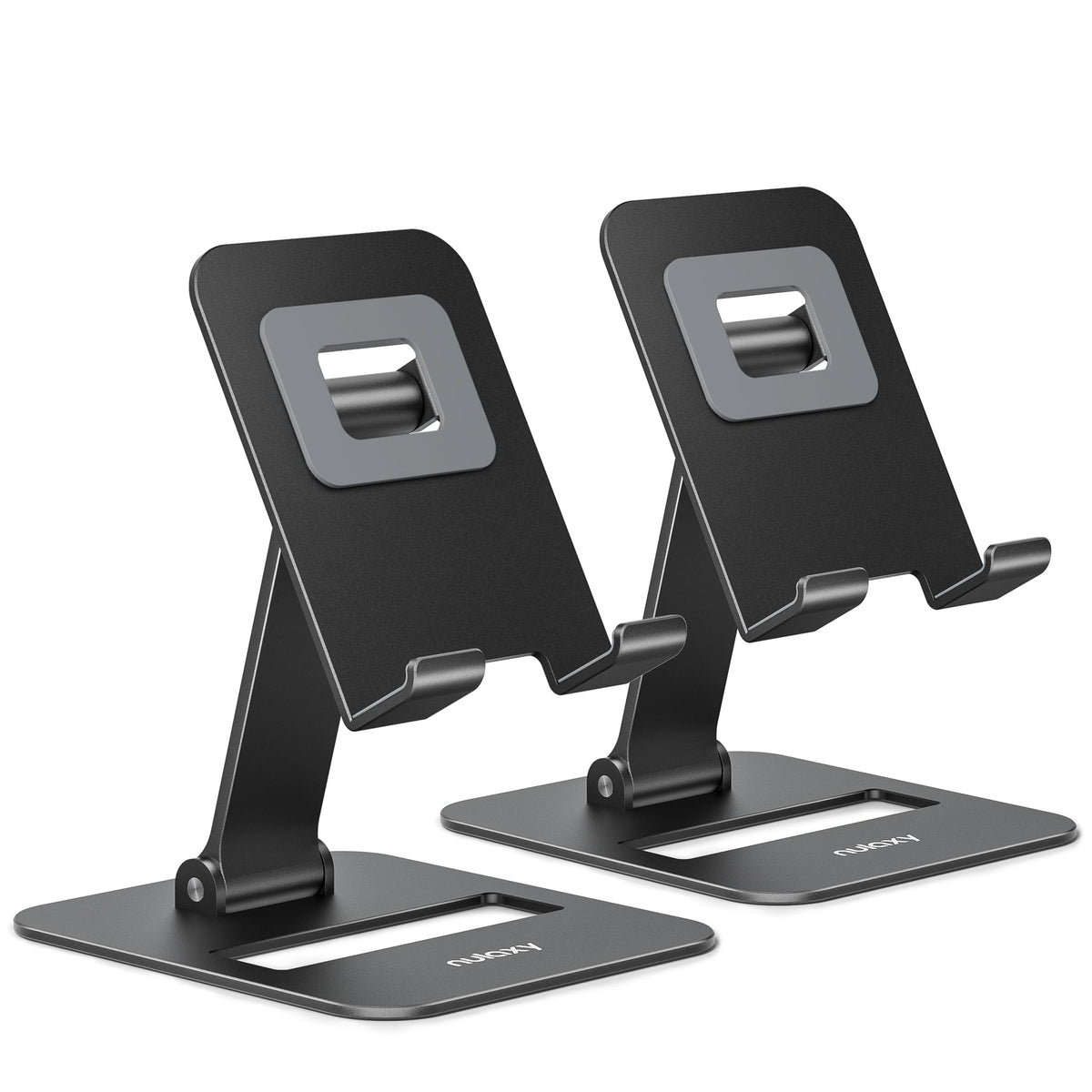 Nulaxy 2 Pcs Aluminum Dual Folding Cell Phone Stand for Desk Black&Rosegold | Height Angle Adjustable, Portable, Anti-Slip Base Phone Holder Fits 16mm Thick Case 4-8" Smartphone Desk Essential Accessory