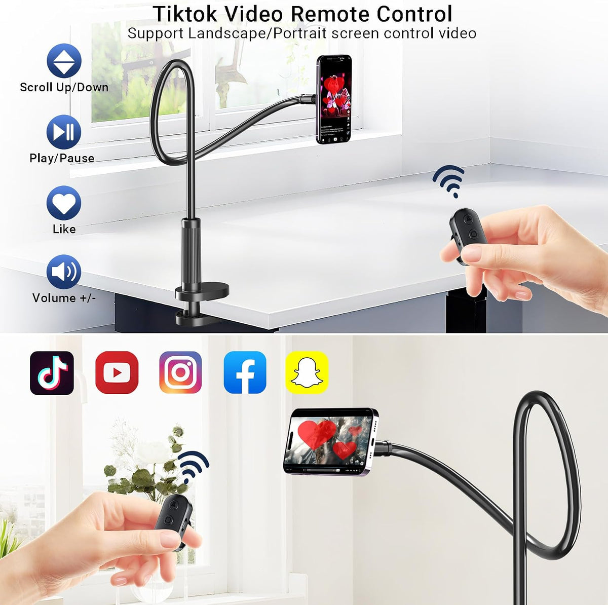 Magnetic Phone Holder for Bed Laying Down with Remote Page Turner, Bedside Gooseneck Phone Stand with Clicker for Reading, Flexible Mount with Wireless Scrolling Ring for iPhone/Tiktok/Short Video