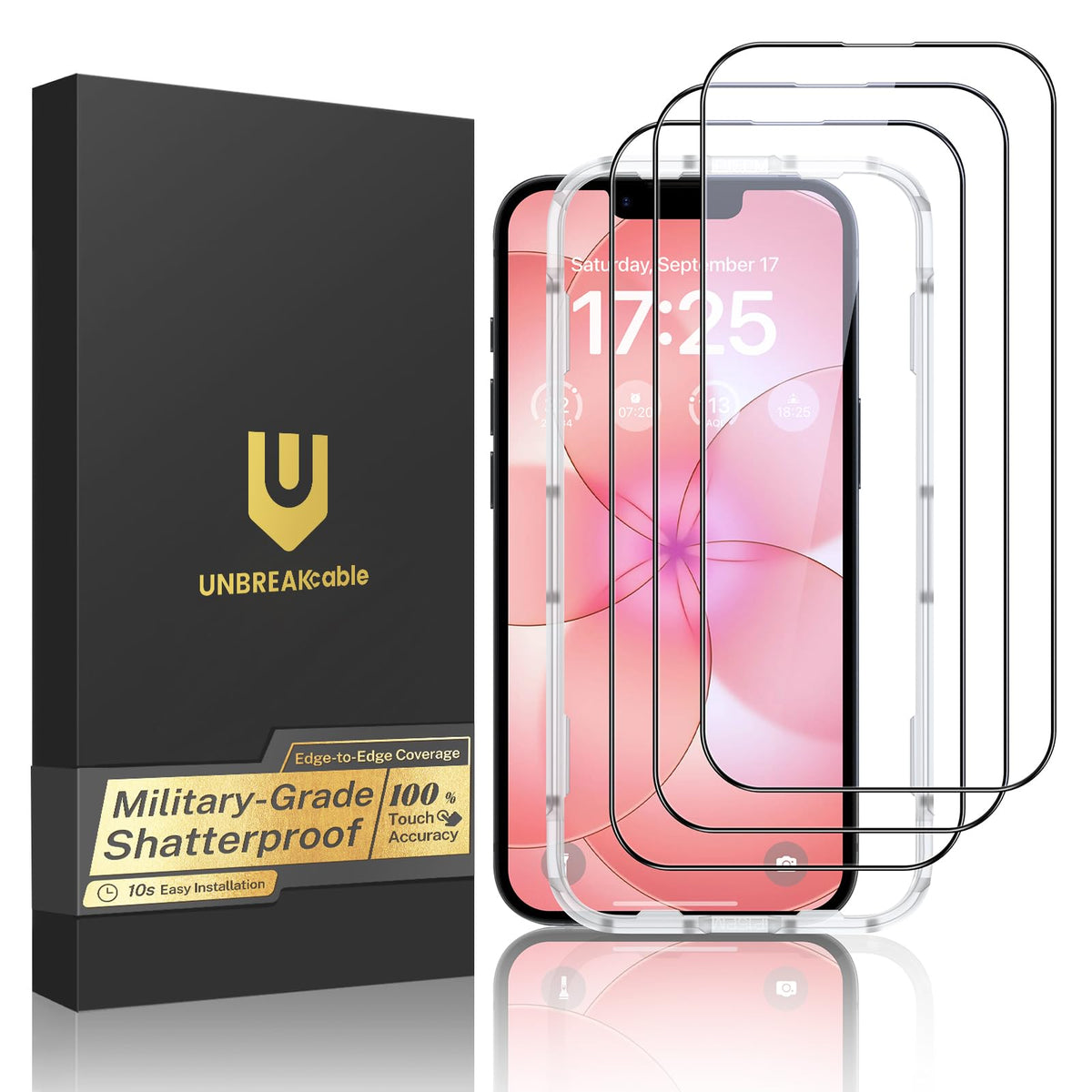 UNBREAKcable for iPhone 16 Screen Protector, 3-Pack Full Coverage Tempered Glass [Military Grade Shatterproof] [9H Hardness] [Easy Installation Frame] [Bubble Free] for iPhone 16 6.1"