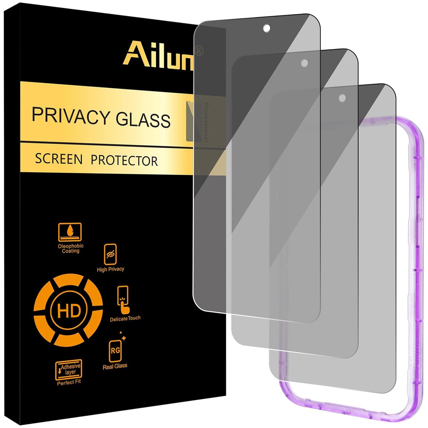 Ailun 3 Pack Privacy Screen Protector for iPhone 16 Pro/iPhone 17 | 6.3 inch, Installation Frame, Anti Spy Private, Tempered Glass, Anti-Scratch, Case Friendly
