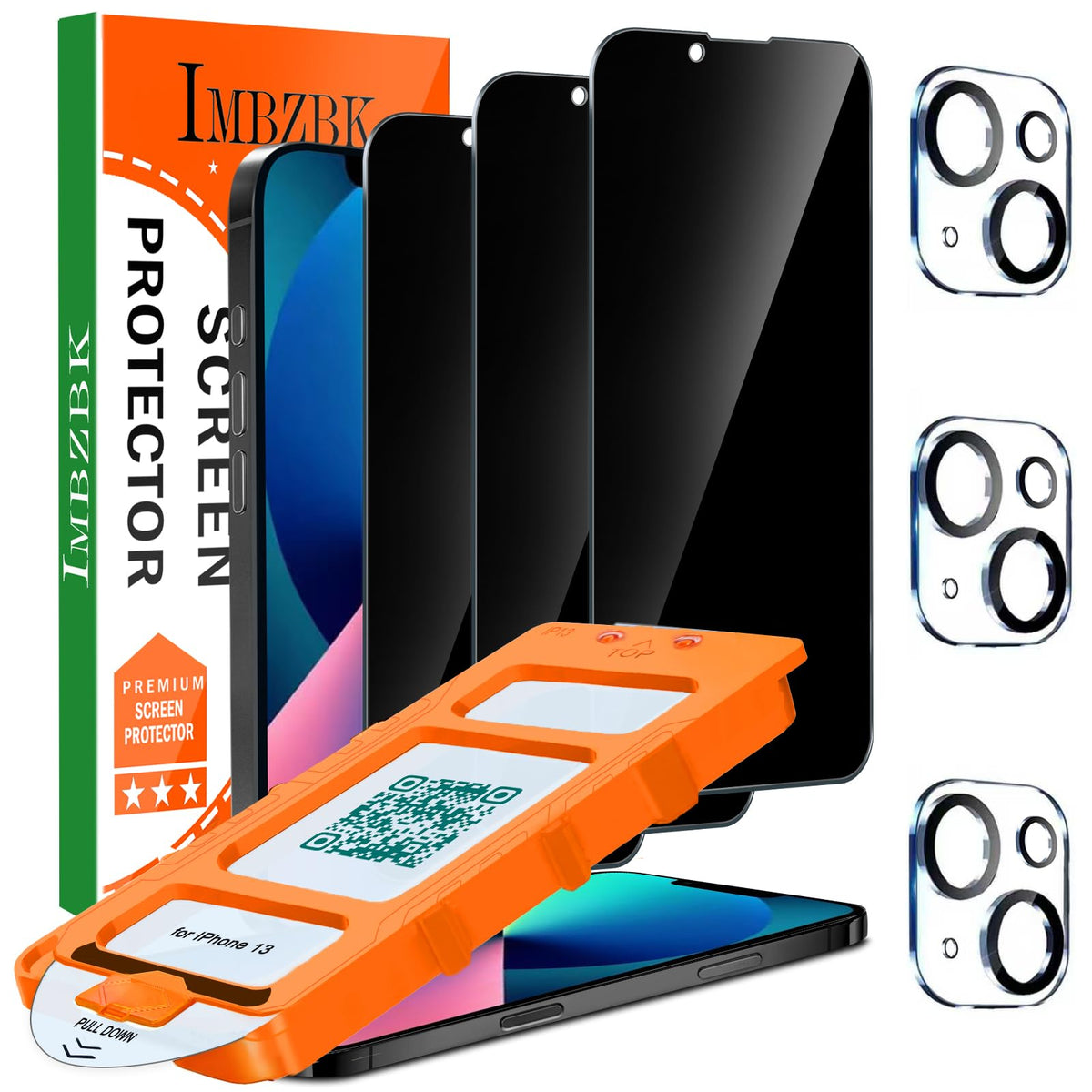 IMBZBK 3 Pack Privacy Screen Protector for iPhone 13, Tempered Glass | 9H+ Hardness, Military Grade Shatterproof, Case Friendly, Bubble Free Auto-Dust Removal, with 3 Camera Lens Protectors