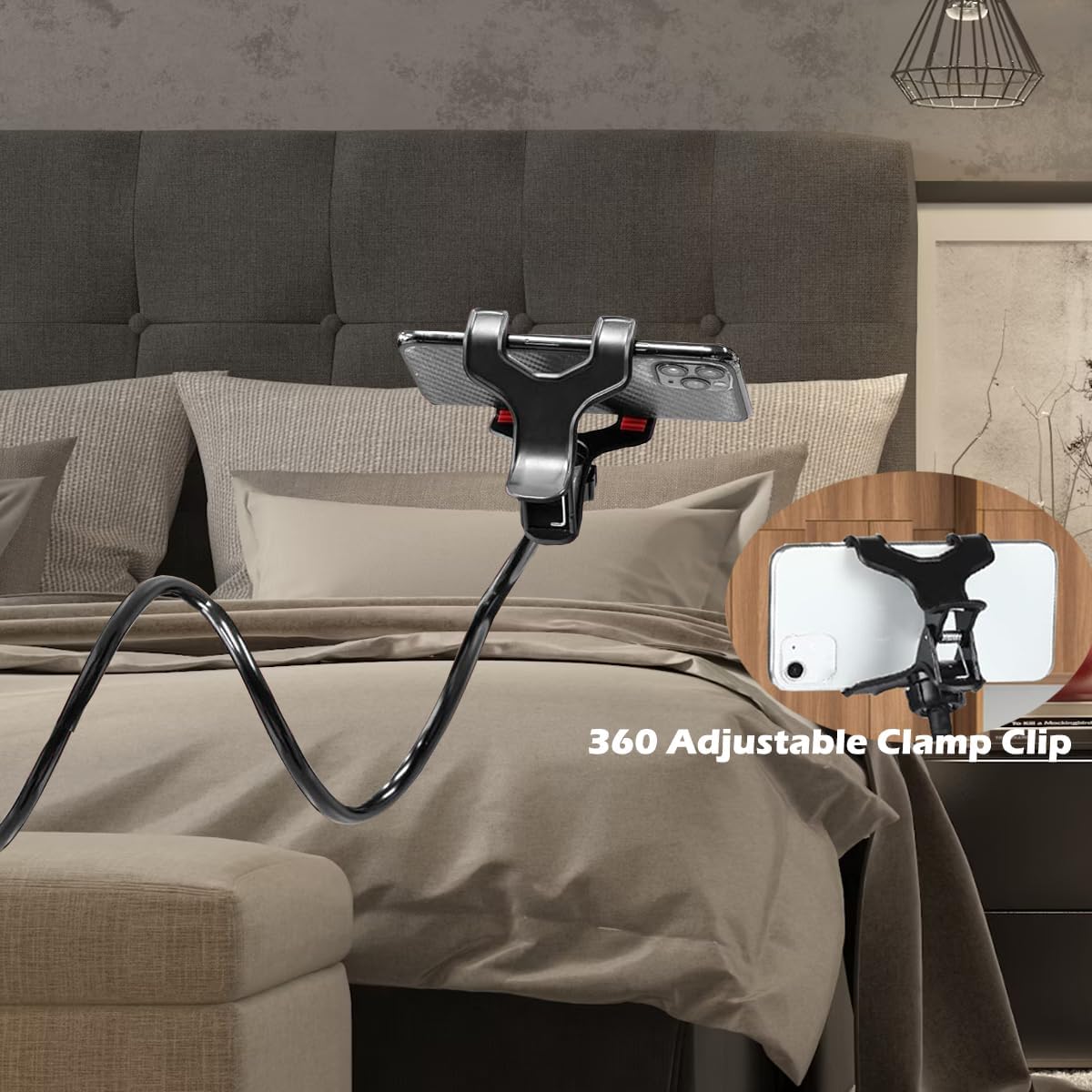 Selfdee Phone Holder for Bed, Gooseneck Clip Adjustable Phone Stand - Universal 360 Flexible Mount for Bedside headboard Lazy Long Arm Clamp Bracket (Style 1)