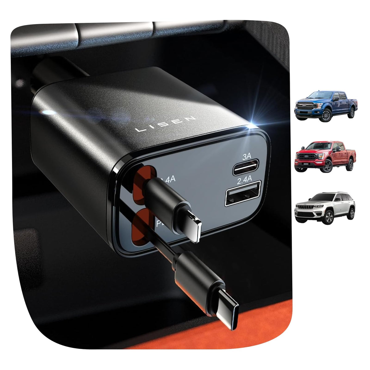 LISEN Retractable Car Charger, 84W Car Charger USB C Fast Charge, 4 in 1 | Cigarette Lighter Adapter, Car Accessories, Birthday Gifts for Men Women Dad Mom Husband, for iPhone 17 16 15 14 13 12 X