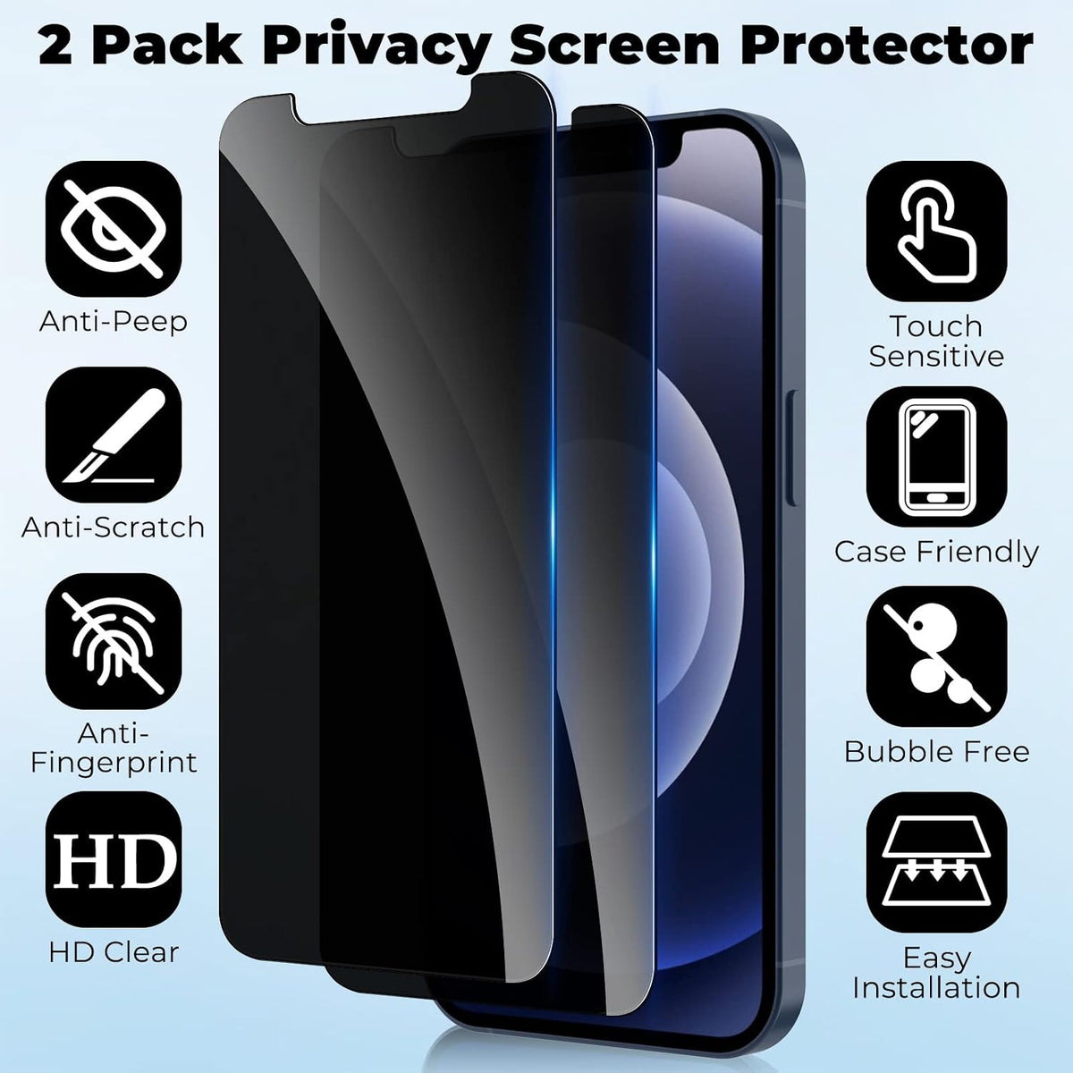 WHPXJY 2 Pack Privacy Screen Protector for iPhone 12/12 Pro 6.1 inch, Anti-Spy Screen Protector Tempered Glass Film Shatterproof/Anti-Scratch/Touch Sensitive/No Air Bubbles/Easy to Install