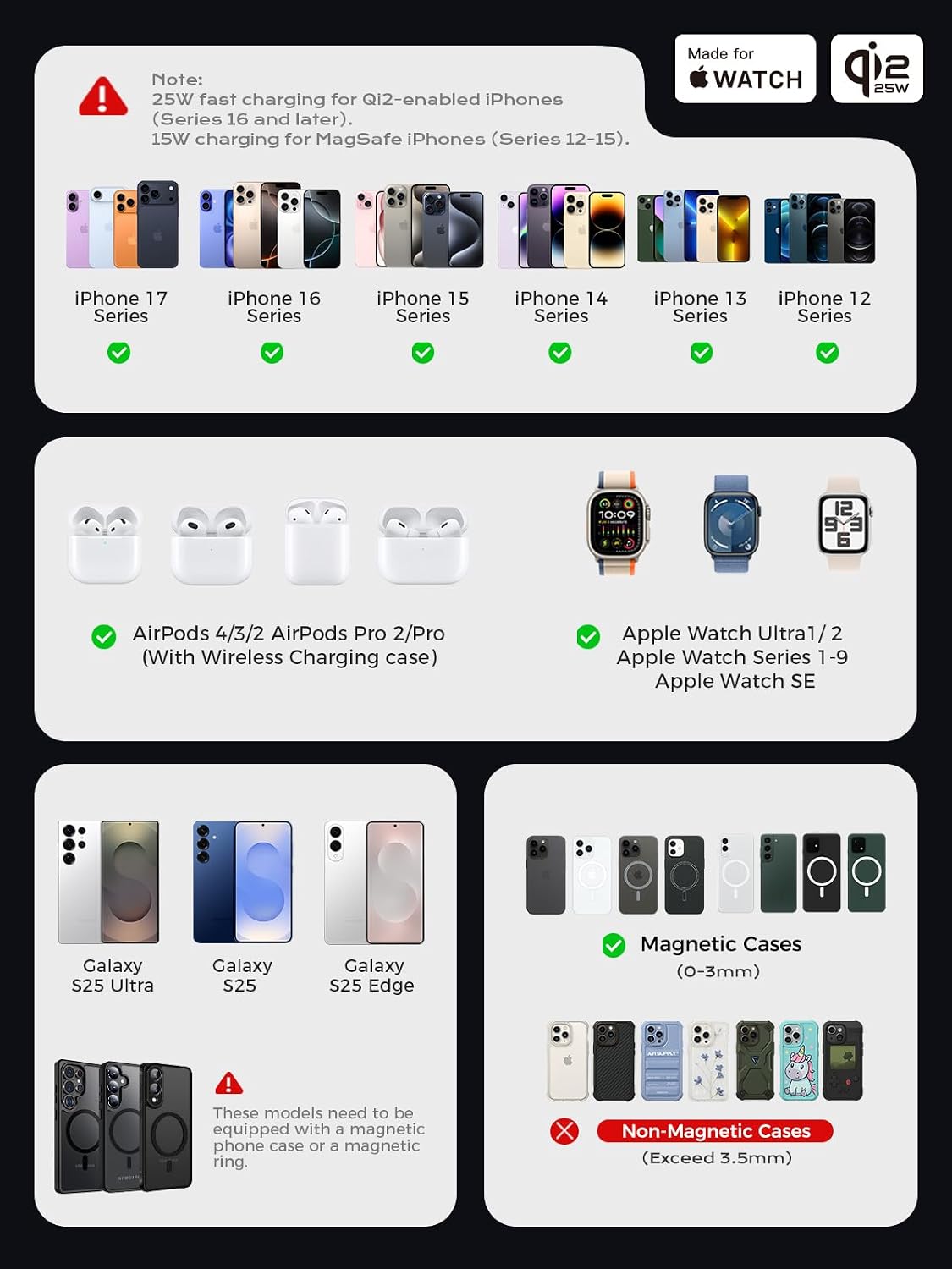3 in 1 Qi2 Wireless Charging Station, 25W Magnetic Charger with MFi-Certified Apple Watch Module for iPhone 17/16/15/14/13/12, AirPods, Pixel 10 Pro XL, 45W Adapter
