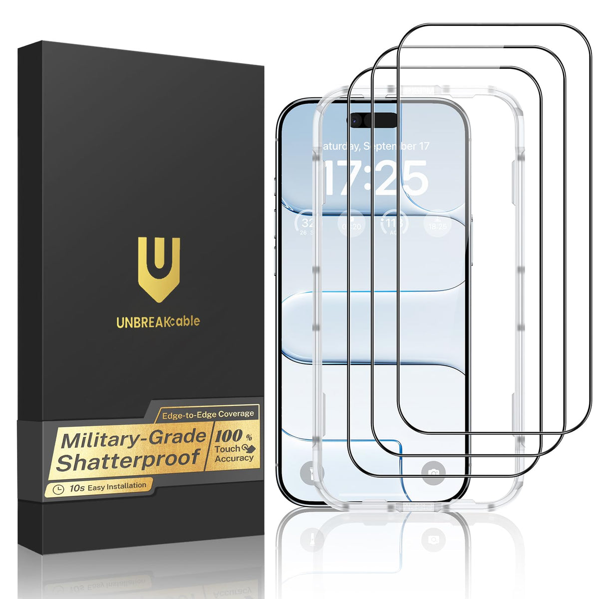 UNBREAKcable for iPhone 16 Screen Protector, 3-Pack Full Coverage Tempered Glass [Military Grade Shatterproof] [9H Hardness] [Easy Installation Frame] [Bubble Free] for iPhone 16 6.1"