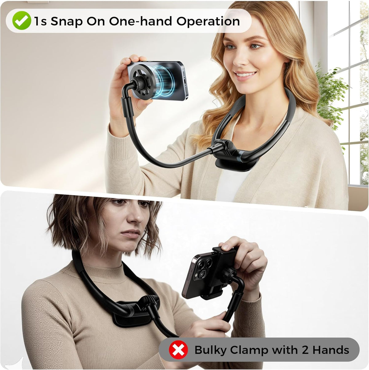 Magnetic Neck Phone Holder for Reading in Bed, One-Hand Operation Comfortable Lazy Cell Phone Mount for iPhone, Around Neck for Video Recording Watch Movies