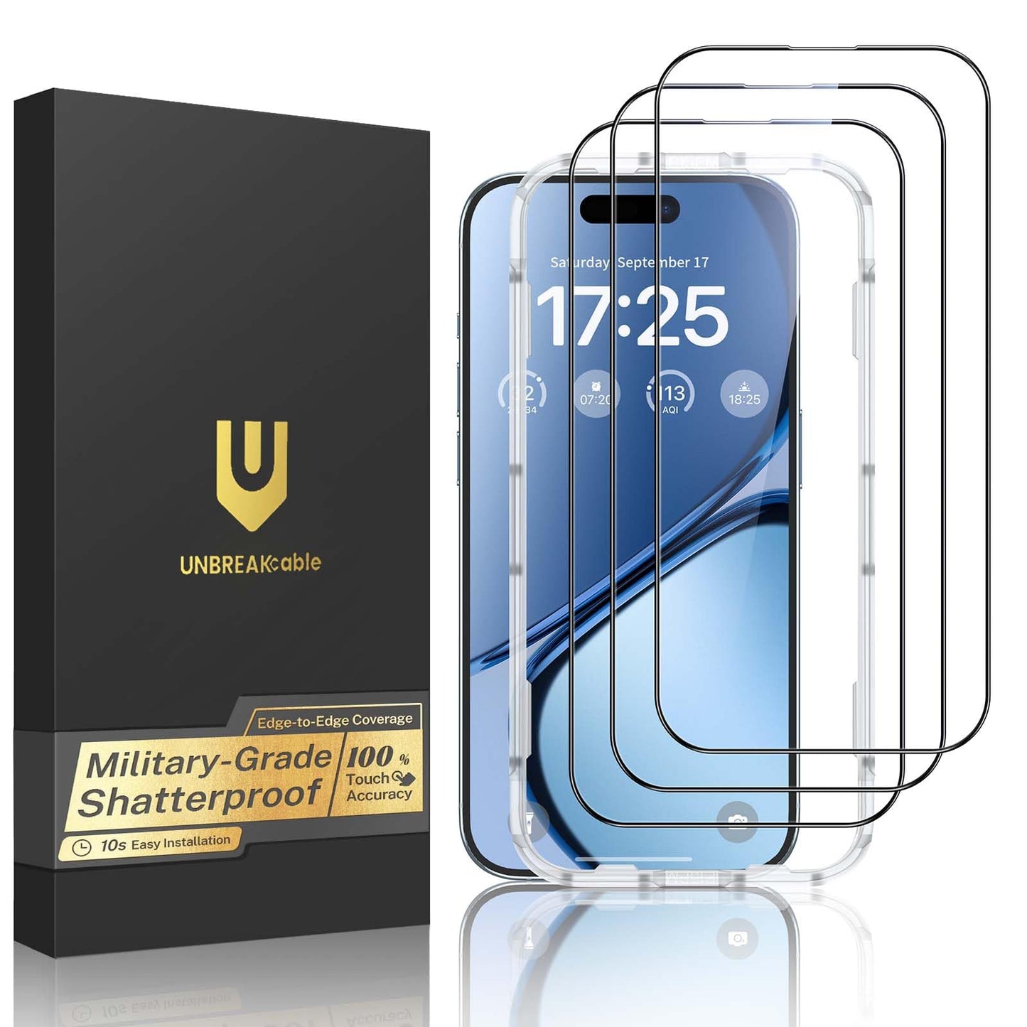 UNBREAKcable for iPhone 16 Screen Protector, 3-Pack Full Coverage Tempered Glass [Military Grade Shatterproof] [9H Hardness] [Easy Installation Frame] [Bubble Free] for iPhone 16 6.1"