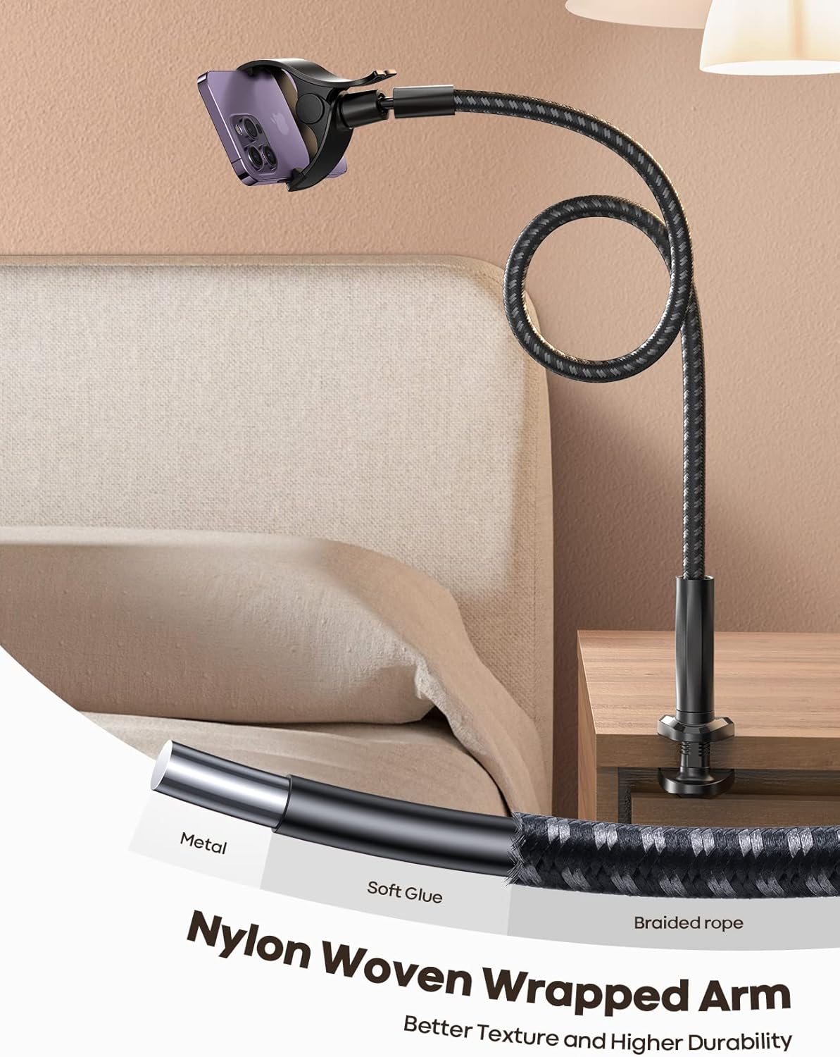 Lamicall Nylon Braided Gooseneck Phone Holder for Bed, 38" Overall Length | 360° Rotating Phone Clamp, Aluminum Core Flexible Arm, Stable Hands-Free Viewing for Bed, Desk, Headboard, Fits 4-7" Phones