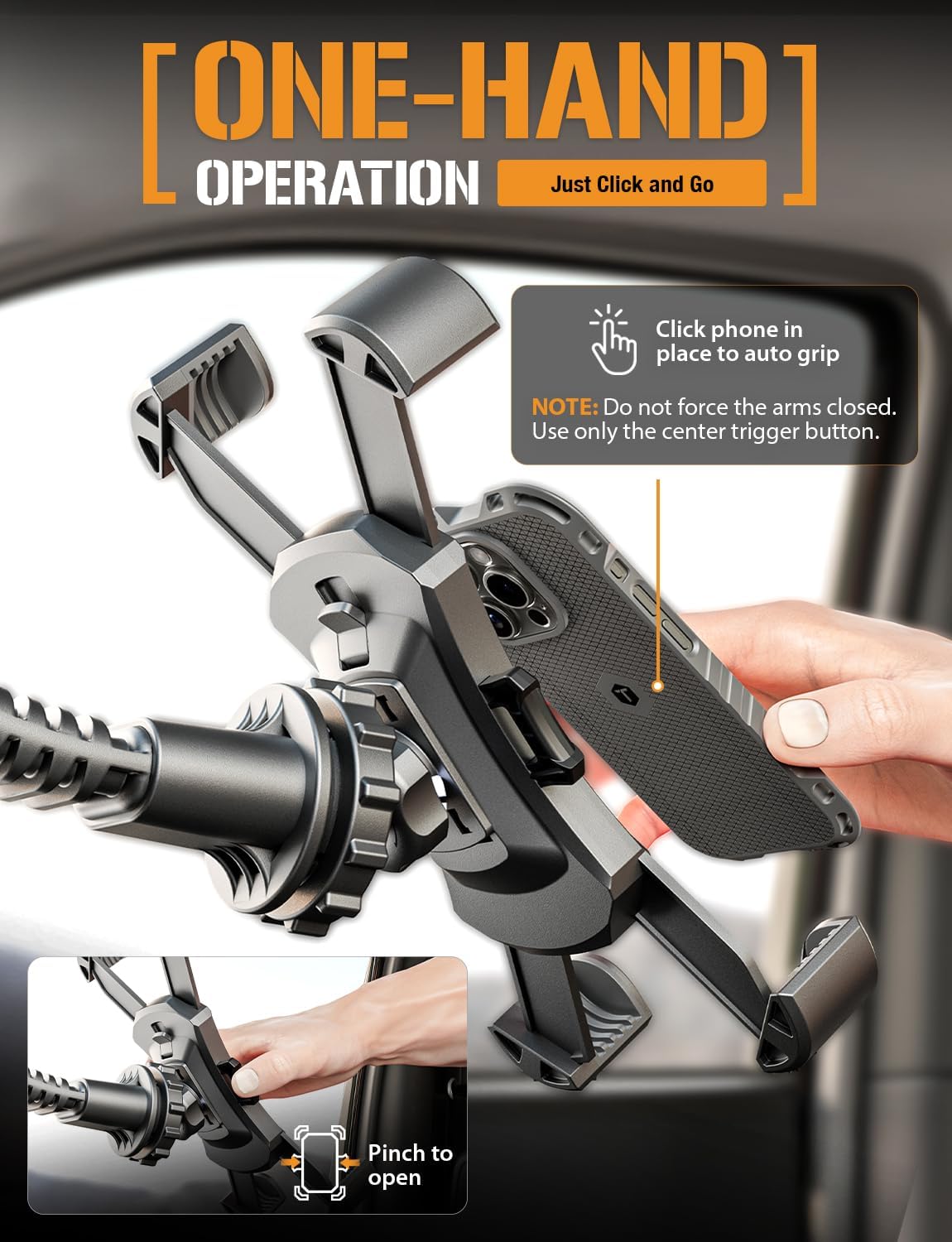 Mammoth Truck Car Phone Holder Mount Vibration Absorbing Holder | 360° rotating phone holder for car with extra-large suction cup, expandable claw grip, and one-hand quick release