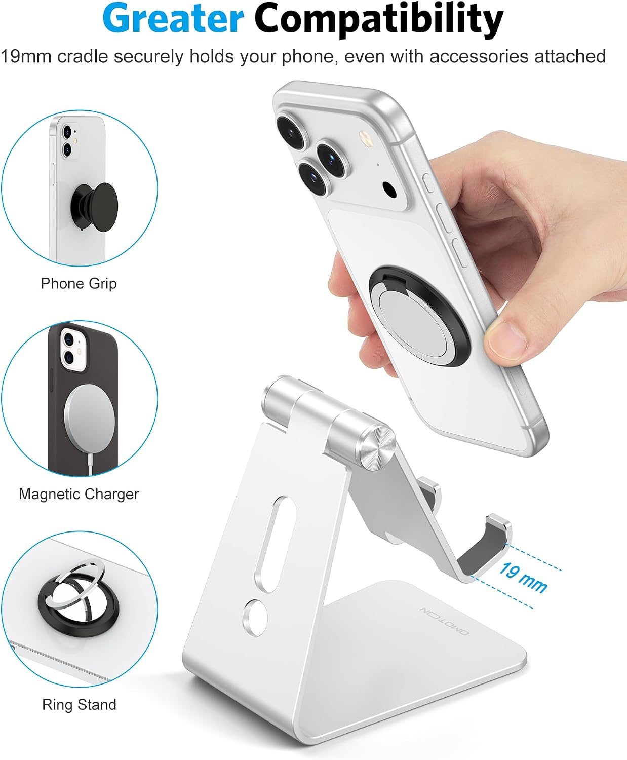 OMOTON C2 Adjustable Aluminum Cell Phone Stand with Charging Cutout, Silver | Sturdy 3mm Base with Non-Slip Silicone Pads, Multi-Angle, Works with 19mm Thick Cases Smartphones, Desktop Recording Facetime