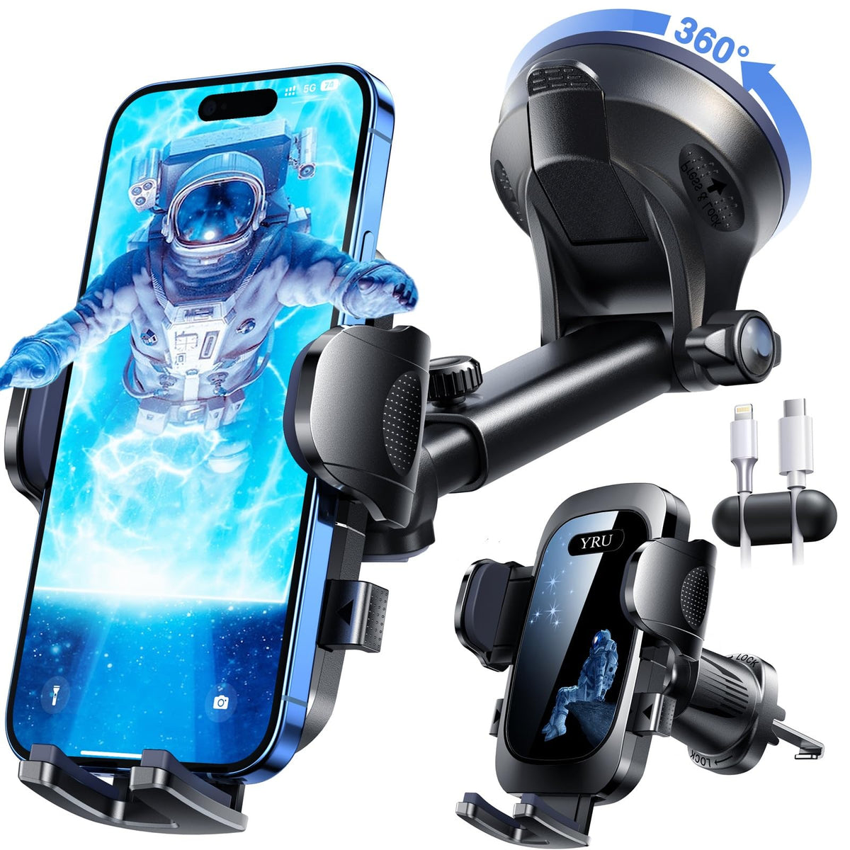 YRU True Military-Grade [360° Rotation Suction] 2026 Ultimate Car Phone Holder Mount【90+LBS Safest Strongest & Patent Certs】 Dash Windshield for iPhone 17 16 Pro Max Speakerphones, Gloss Black