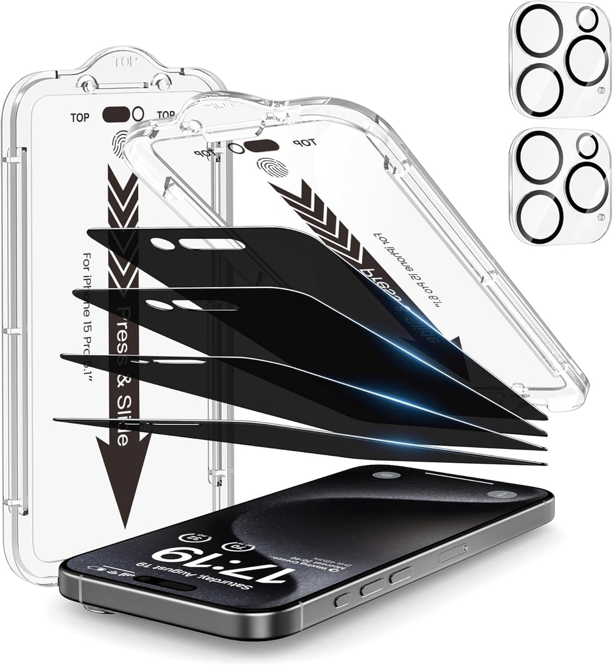 EZ-GLAZ-4+2 Pack for iPhone 15 Plus Privacy Screen Protector (6.7") | 2-Pack Lens Protectors, Alignment Kit, Easy Installation, 9H+ Tempered Glass, Scratch Resistant, 28° Privacy Protection