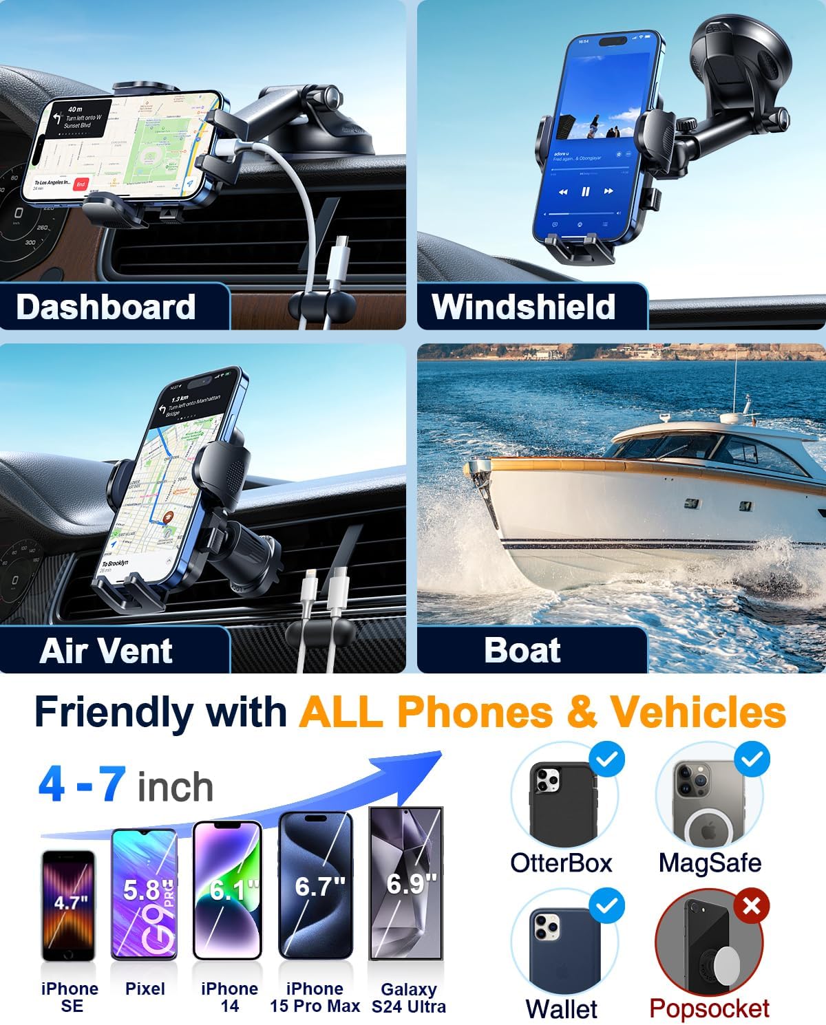 YRU True Military-Grade [360° Rotation Suction] 2026 Ultimate Car Phone Holder Mount【90+LBS Safest Strongest & Patent Certs】 Dash Windshield for iPhone 17 16 Pro Max Speakerphones, Gloss Black
