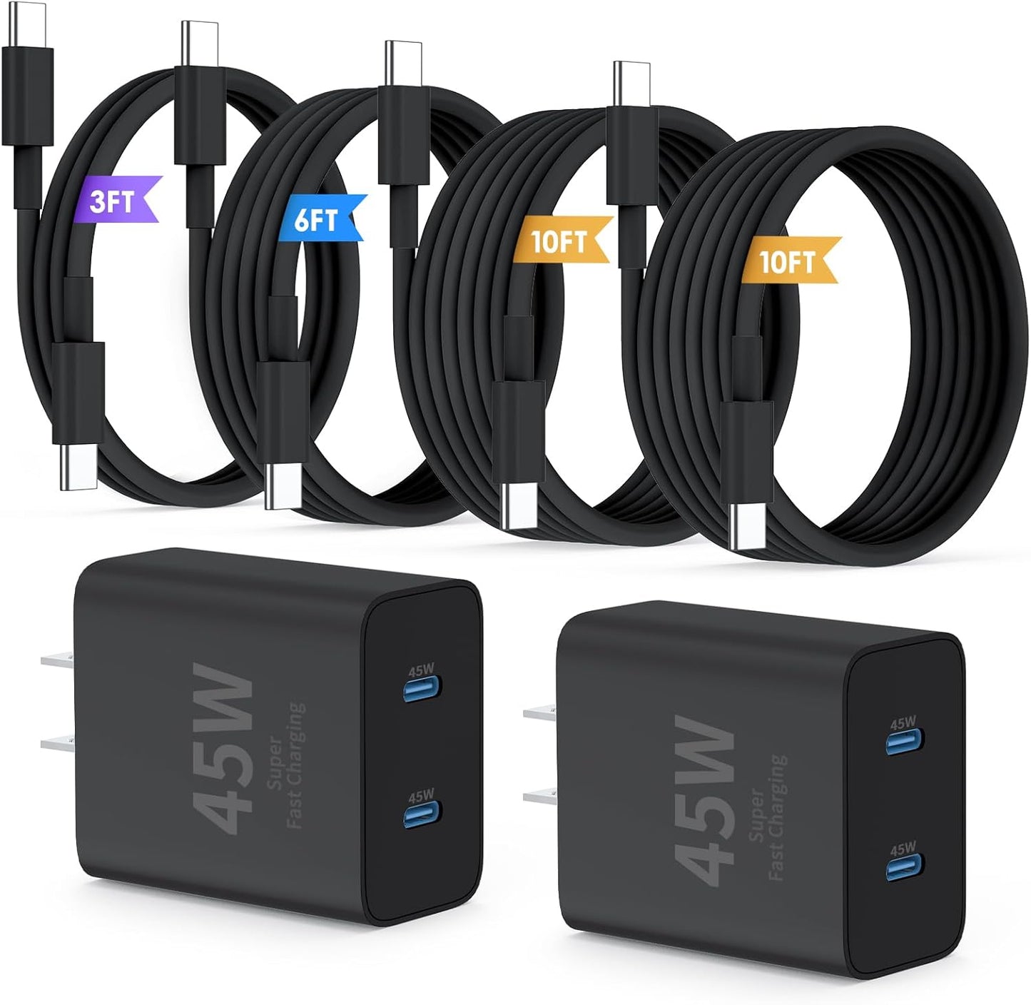 QZIIW Super Fast Samsung Charger Type C,45W Dual Port USB C Fast Charger | Extra Long 60W 3/6/10/10FT USB C Cable - [2-Pack]PD Quick Charging 3.0 For Samsung Galaxy S26 S25 Ultra/S24+/S23 iPhone 17 16