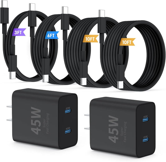 QZIIW Super Fast Samsung Charger Type C,45W Dual Port USB C Fast Charger | Extra Long 60W 3/6/10/10FT USB C Cable - [2-Pack]PD Quick Charging 3.0 For Samsung Galaxy S26 S25 Ultra/S24+/S23 iPhone 17 16