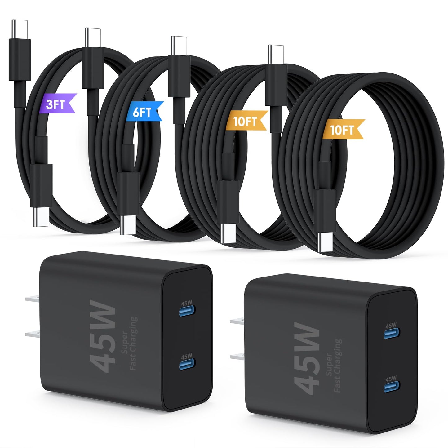 QZIIW Super Fast Samsung Charger Type C,45W Dual Port USB C Fast Charger | Extra Long 60W 3/6/10/10FT USB C Cable - [2-Pack]PD Quick Charging 3.0 For Samsung Galaxy S26 S25 Ultra/S24+/S23 iPhone 17 16