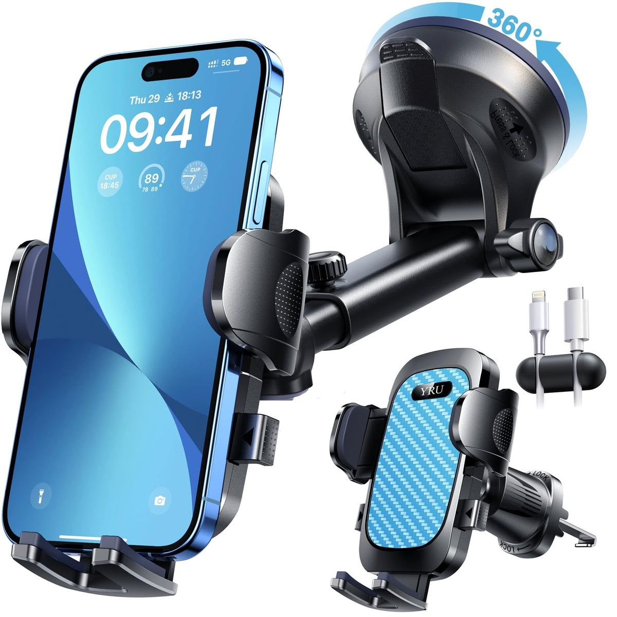 YRU True Military-Grade [360° Rotation Suction] 2026 Ultimate Car Phone Holder Mount【90+LBS Safest Strongest & Patent Certs】 Dash Windshield for iPhone 17 16 Pro Max Speakerphones, Gloss Black