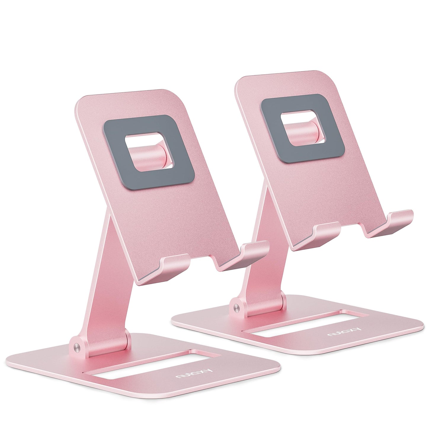 Nulaxy 2 Pcs Aluminum Dual Folding Cell Phone Stand for Desk Black&Rosegold | Height Angle Adjustable, Portable, Anti-Slip Base Phone Holder Fits 16mm Thick Case 4-8" Smartphone Desk Essential Accessory