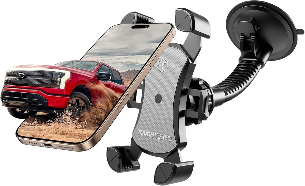 Mammoth Truck Car Phone Holder Mount Vibration Absorbing Holder | 360° rotating phone holder for car with extra-large suction cup, expandable claw grip, and one-hand quick release