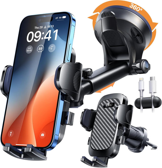 YRU True Military-Grade [360° Rotation Suction] 2026 Ultimate Car Phone Holder Mount【90+LBS Safest Strongest & Patent Certs】 Dash Windshield for iPhone 17 16 Pro Max Speakerphones, Gloss Black