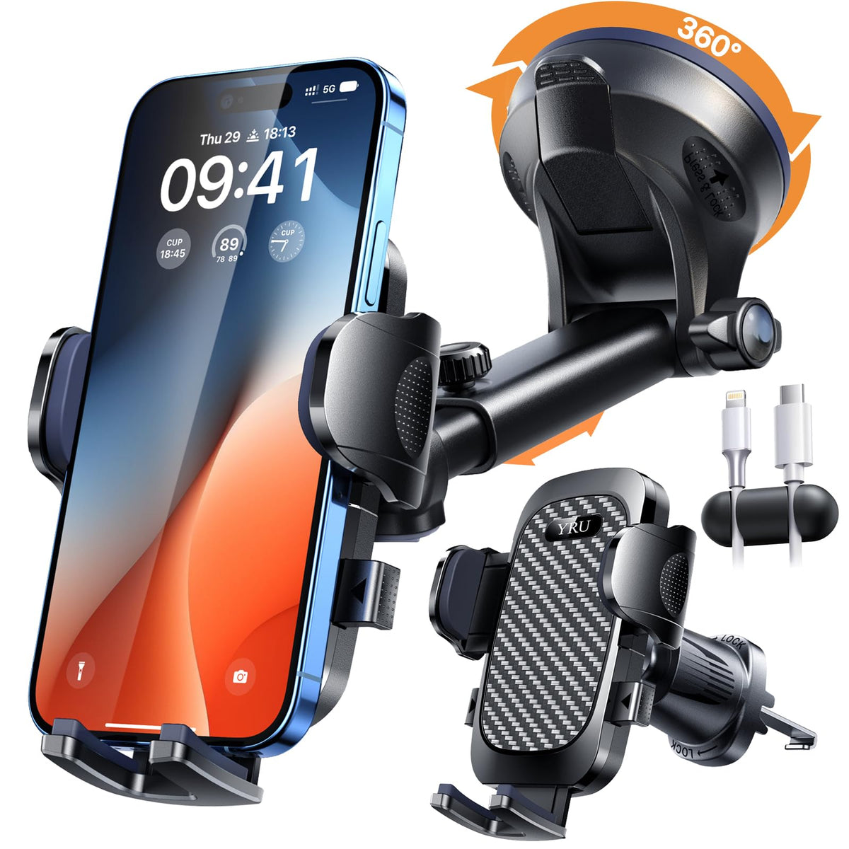 YRU True Military-Grade [360° Rotation Suction] 2026 Ultimate Car Phone Holder Mount【90+LBS Safest Strongest & Patent Certs】 Dash Windshield for iPhone 17 16 Pro Max Speakerphones, Gloss Black