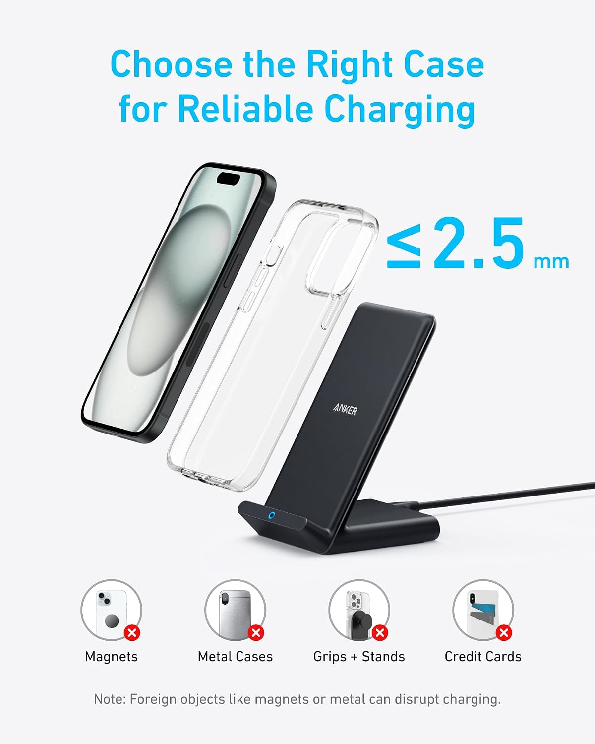 Anker 313 Qi-Certified 10W Max Wireless Charger Stand | Fast Power for iPhone 15 / 14 / 13 / 12 / 11 / X / 8, Galaxy S23 / S22, and More (Micro-USB Cable, Adapter Not Included)