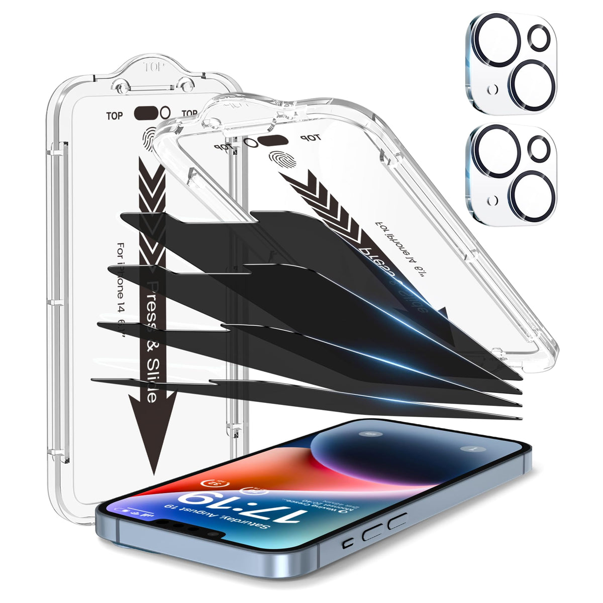 EZ-GLAZ-4+2 Pack for iPhone 15 Plus Privacy Screen Protector (6.7") | 2-Pack Lens Protectors, Alignment Kit, Easy Installation, 9H+ Tempered Glass, Scratch Resistant, 28° Privacy Protection