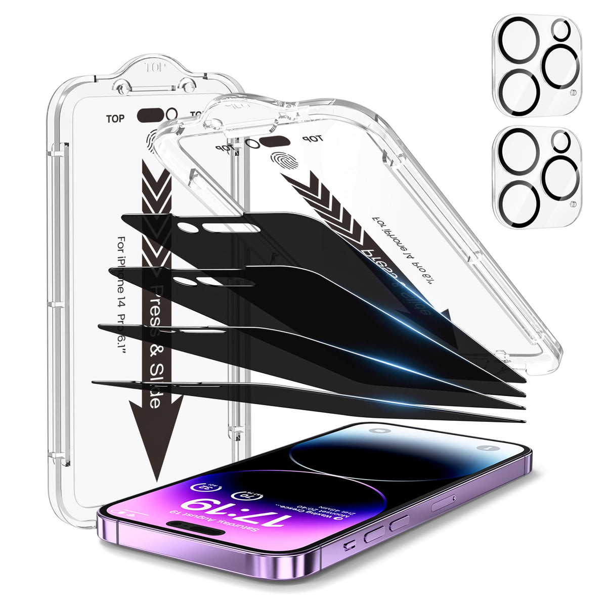 EZ-GLAZ-4+2 Pack for iPhone 15 Plus Privacy Screen Protector (6.7") | 2-Pack Lens Protectors, Alignment Kit, Easy Installation, 9H+ Tempered Glass, Scratch Resistant, 28° Privacy Protection
