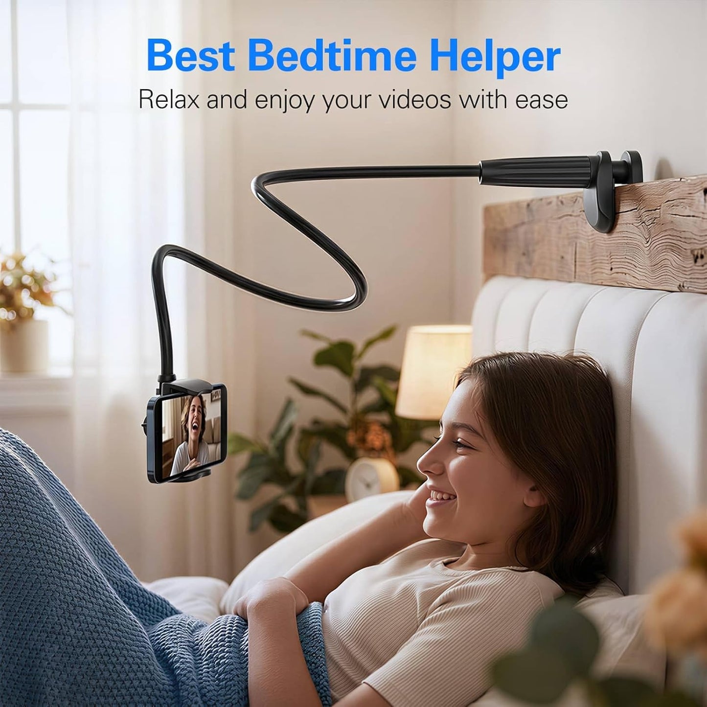 Gooseneck Phone Holder for Bed, Flexible Overhead Cell Phone Mount for Desk, Hands-Free Viewing Clamp Stand Compatible with iPhone 17 16 15 Pro Max and 3.5-7" Devices