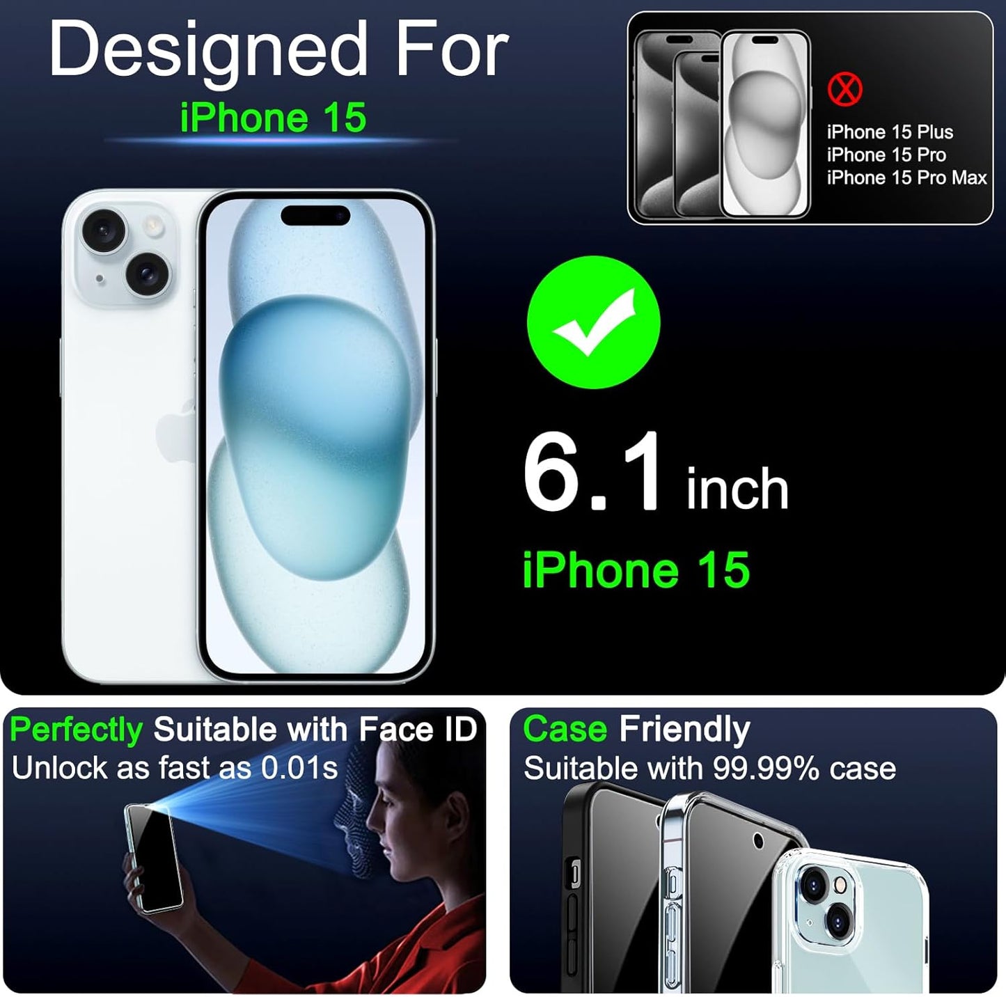 IMBZBK 3 Pack Privacy Screen Protector for iPhone 15,Tempered Glass | 9H+ Hardness, Military Grade Shatterproof, Case Friendly, Bubble Free Easy Installation Frame, with 3 Camera Lens Protectors