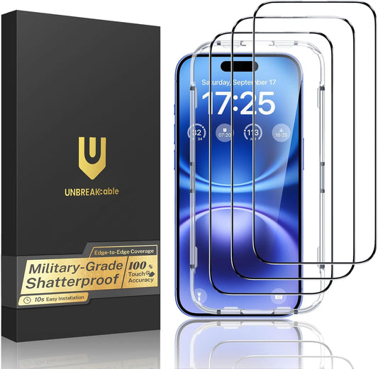 UNBREAKcable for iPhone 16 Screen Protector, 3-Pack Full Coverage Tempered Glass [Military Grade Shatterproof] [9H Hardness] [Easy Installation Frame] [Bubble Free] for iPhone 16 6.1"