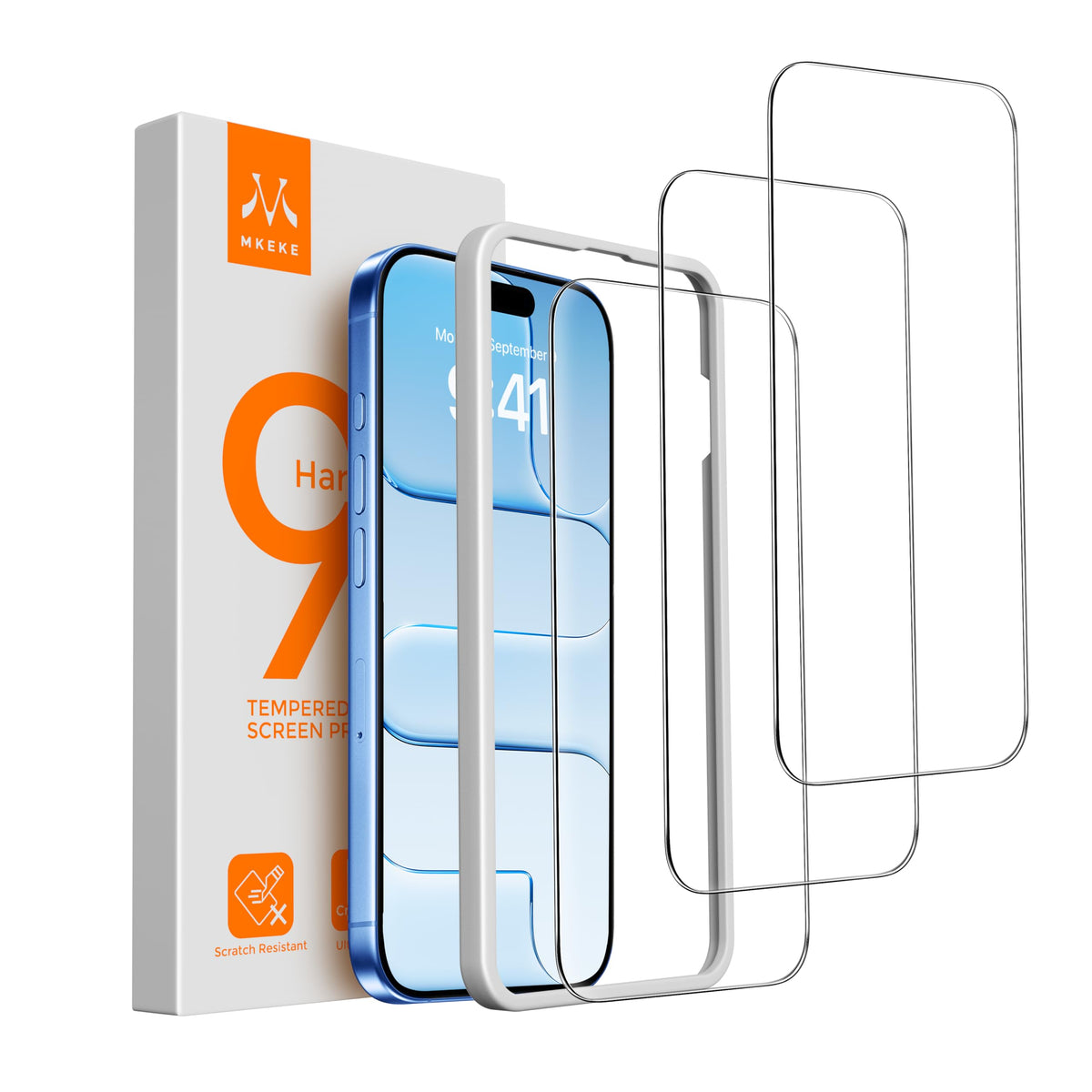 Mkeke Screen Protector for iPhone 16 Pro, 3 Pack 9H+ Tempered Glass | Military-Grade Drop Protection [Sensitive Touch] [Easy Installation Frame] [99.99% HD Clear] Bubble-Free for 6.3 inch