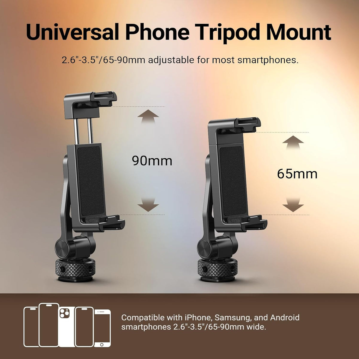NEEWER GA010 Phone Tripod Mount, 65–90mm Adjustable Phone Clamp Holder with 1/4" Thread, 180° Tilt, 360° Swivel, Cold Shoe Accessories Compatible with iPhone 17 Pro Max Samsung S26 Ultra & More