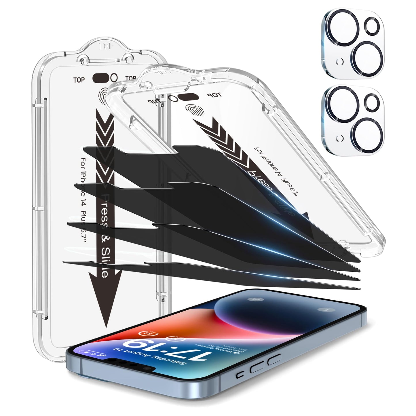 EZ-GLAZ-4+2 Pack for iPhone 15 Plus Privacy Screen Protector (6.7") | 2-Pack Lens Protectors, Alignment Kit, Easy Installation, 9H+ Tempered Glass, Scratch Resistant, 28° Privacy Protection