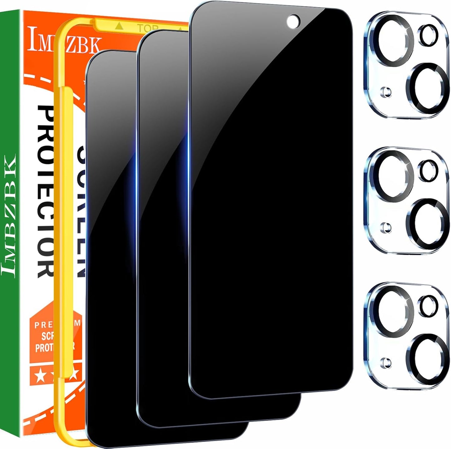 IMBZBK 3 Pack Privacy Screen Protector for iPhone 15,Tempered Glass | 9H+ Hardness, Military Grade Shatterproof, Case Friendly, Bubble Free Easy Installation Frame, with 3 Camera Lens Protectors