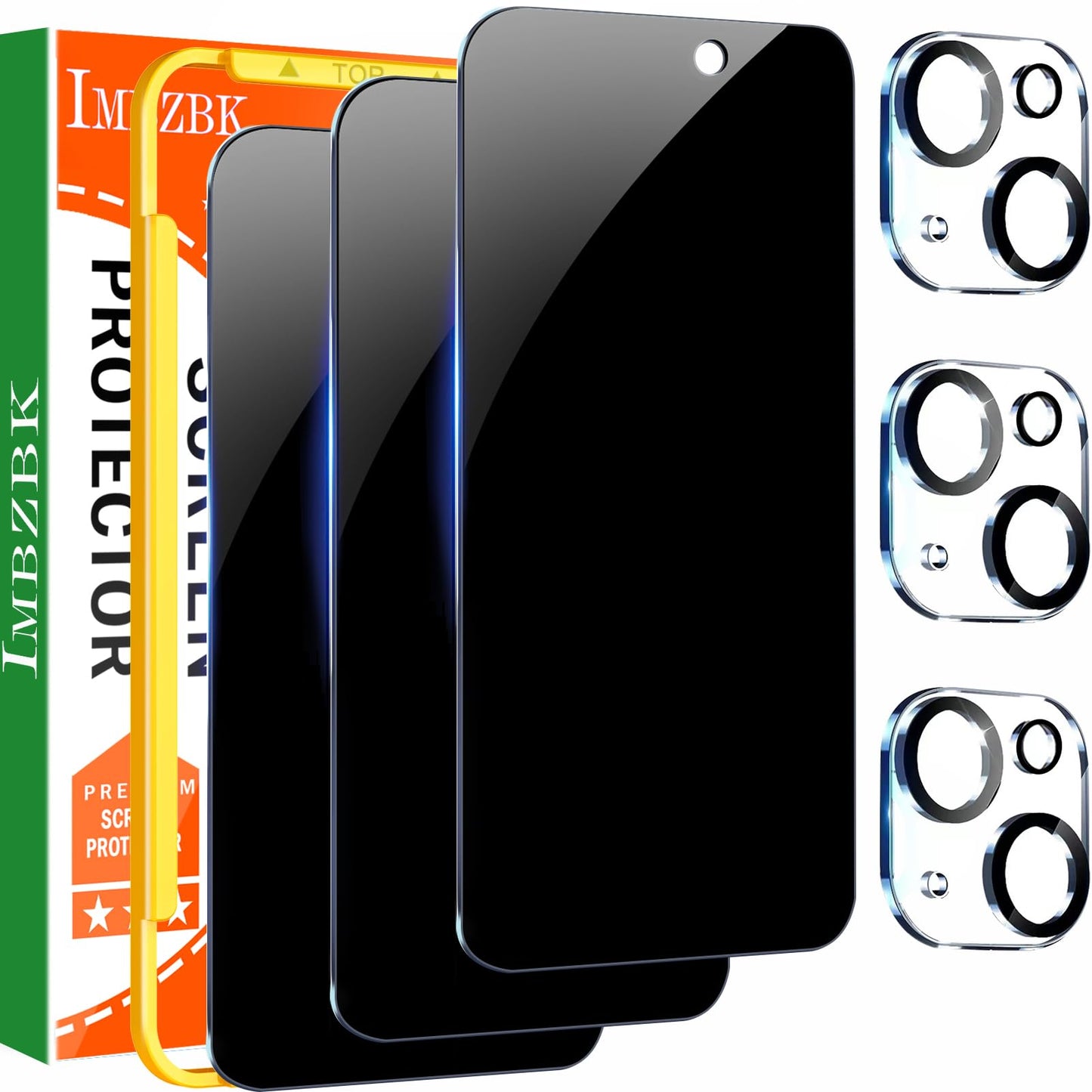 IMBZBK 3 Pack Privacy Screen Protector for iPhone 15,Tempered Glass | 9H+ Hardness, Military Grade Shatterproof, Case Friendly, Bubble Free Easy Installation Frame, with 3 Camera Lens Protectors