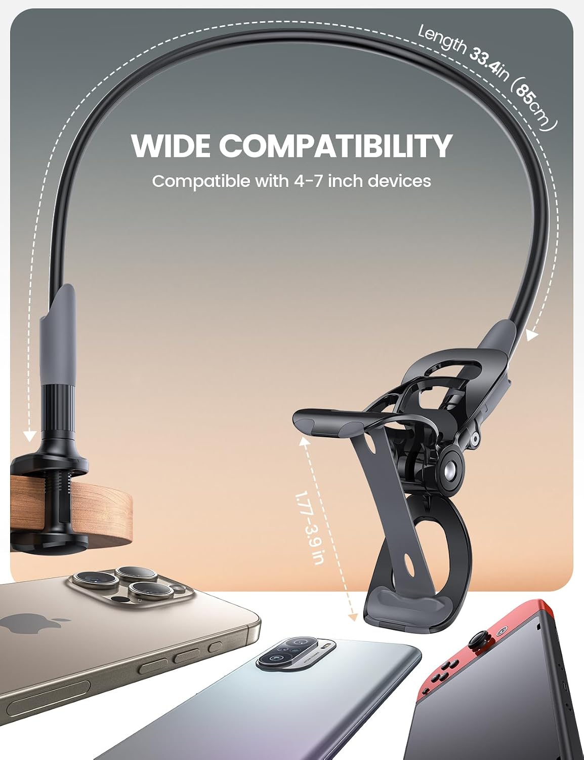 Lamicall Gooseneck Bed Phone Holder 33.4" Full Adjustable Flexible Arm | Fast Install, Full Adjustable, Stable Flexible Long Arm, Bedside Multipurpose Holder for 4-7" Phone, iPhone 17 Pro Max Air