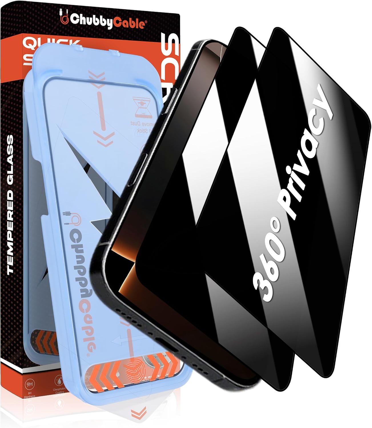 chubbycable 360 Privacy Screen Protector for iPhone 16 Pro, 2 Pack | 4-way anti-spy, tempered glass, auto dust-elimination, bubble free, easy install box, scratch resistant, full coverage
