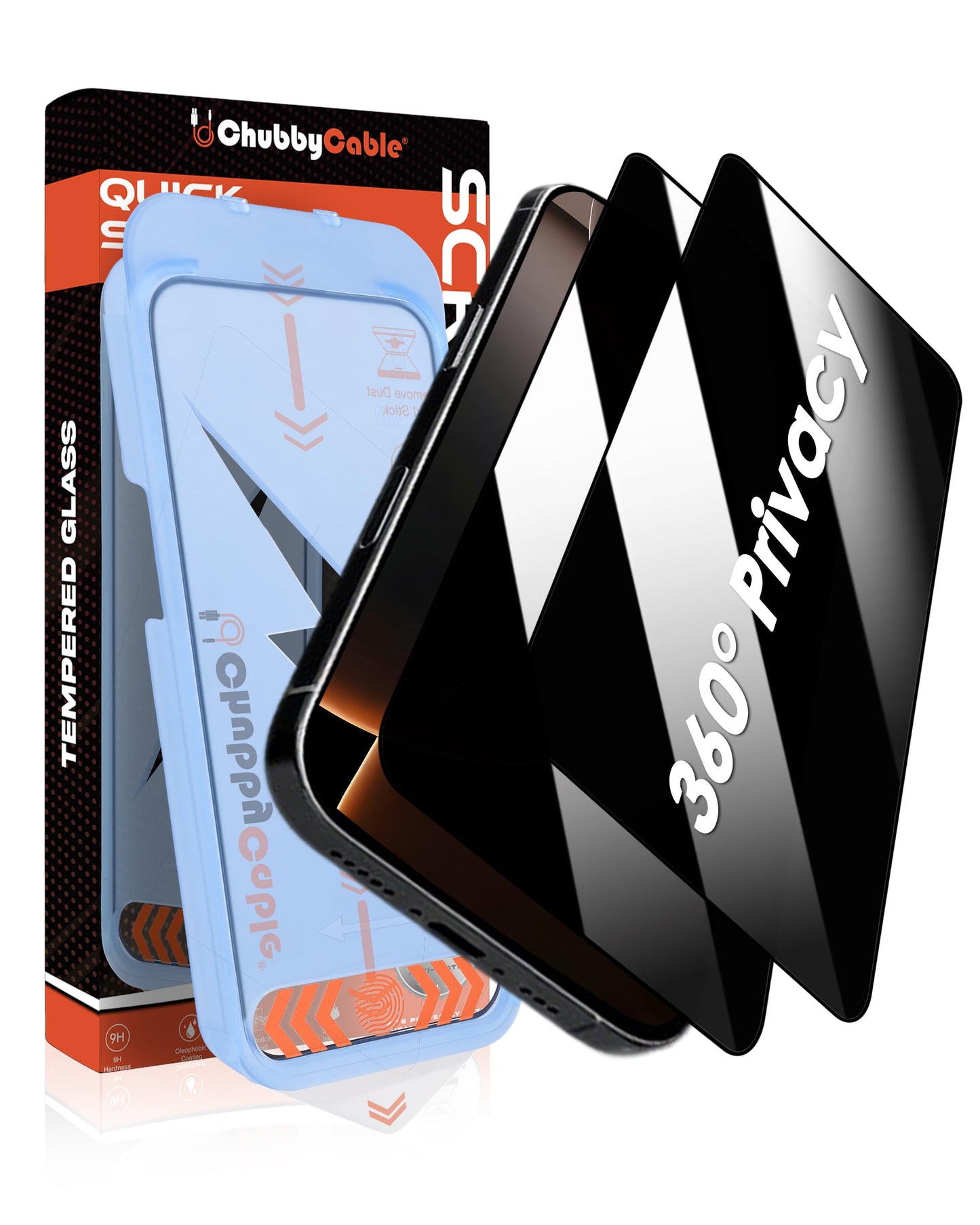 chubbycable 360 Privacy Screen Protector for iPhone 16 Pro, 2 Pack | 4-way anti-spy, tempered glass, auto dust-elimination, bubble free, easy install box, scratch resistant, full coverage