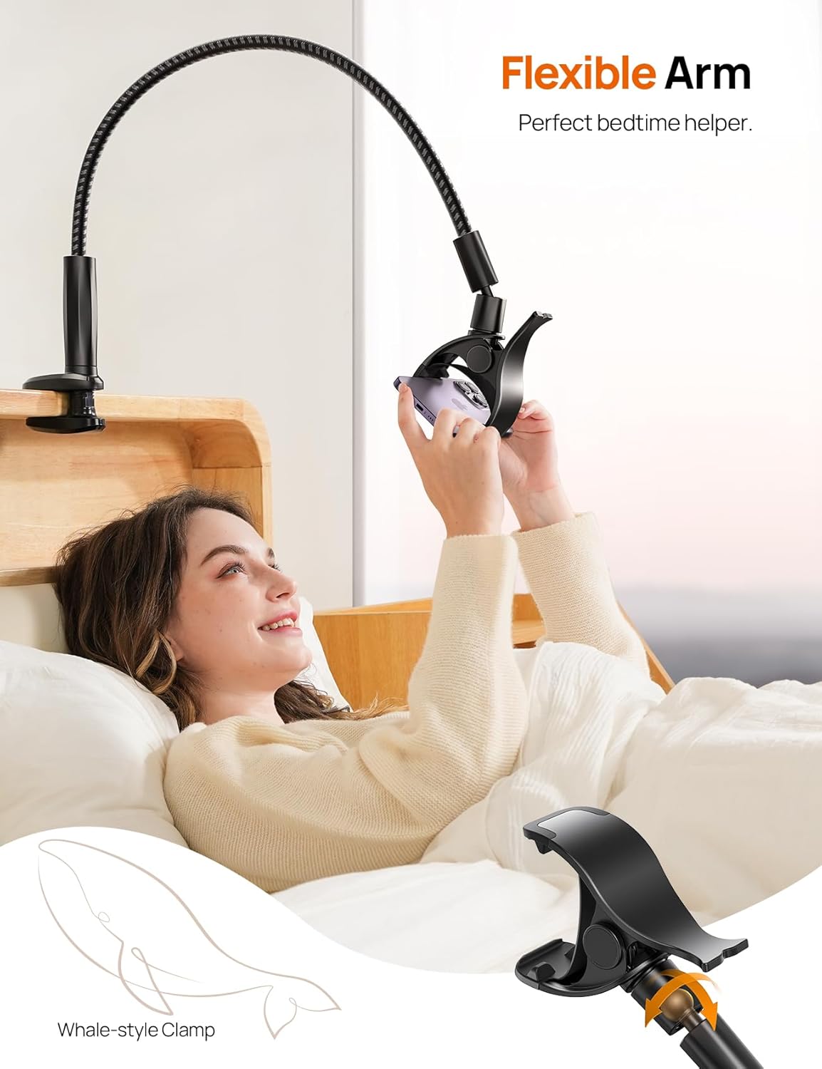 Gooseneck Phone Holder for Bed - [Unique Nylon Braid] 38” Long Flexible Lazy Arm Clip, 360 Adjustable Overhead Phone Mount for iPhone 15 14 13 12 11 Pro Max Mini Plus, All 4-7" Cellphone